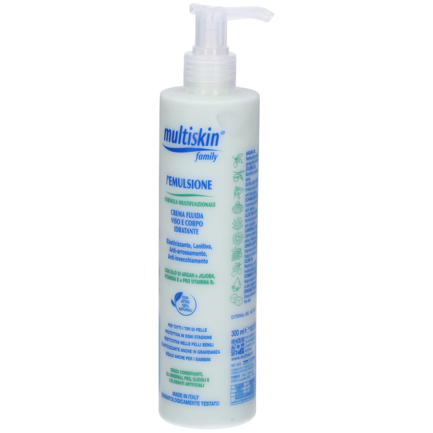Emulsione crema con dosatore. Scritta: Multiskin family. Testo in italiano.