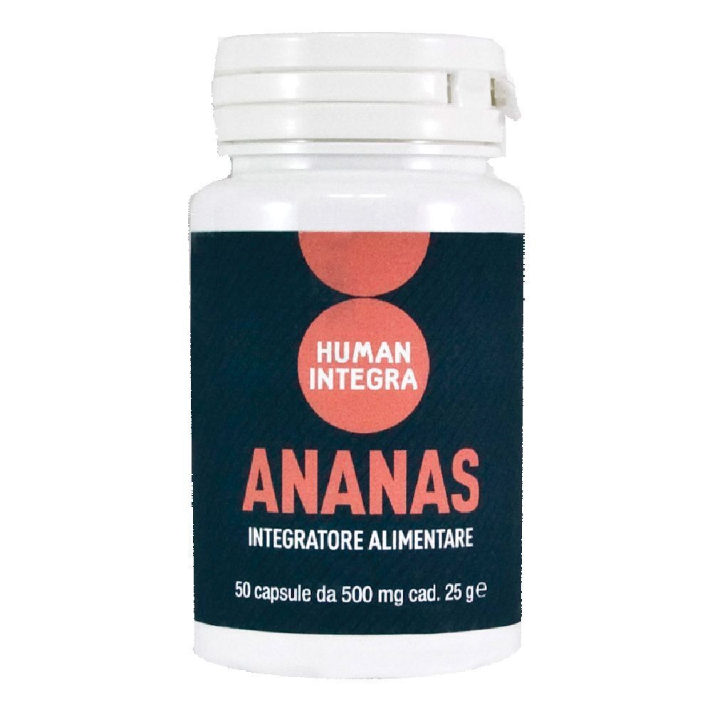 Flacone bianco con capsule. Scritta: Human Integra, Ananas, Integratore Alimentare. 50 capsule.