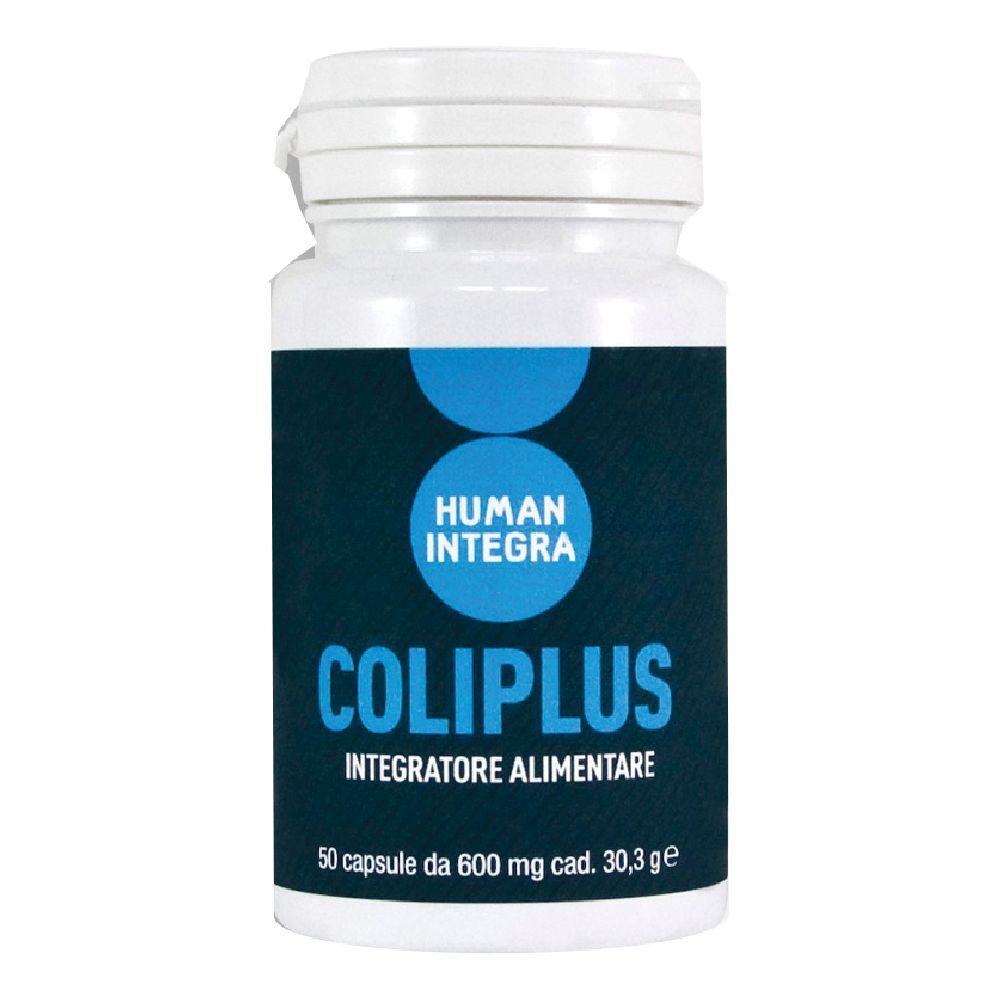 Flacone bianco con etichetta blu. Scritta "COLIPLUS" e "HUMAN INTEGRA". Contiene 50 capsule.