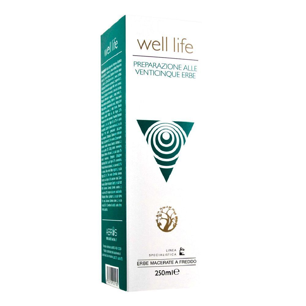Prodotto bianco con dettagli verdi. Testo: well life, Preparazione alle 25 Erbe. Logo: triangolo con cerchi. 250ml.