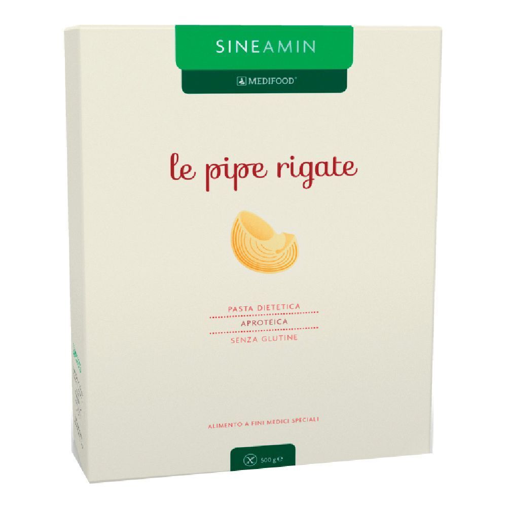 Confezione di Sineamin Pipe Rigate. Scritta: le pipe rigate, pasta dietetica, senza glutine. Confezione verde e crema.