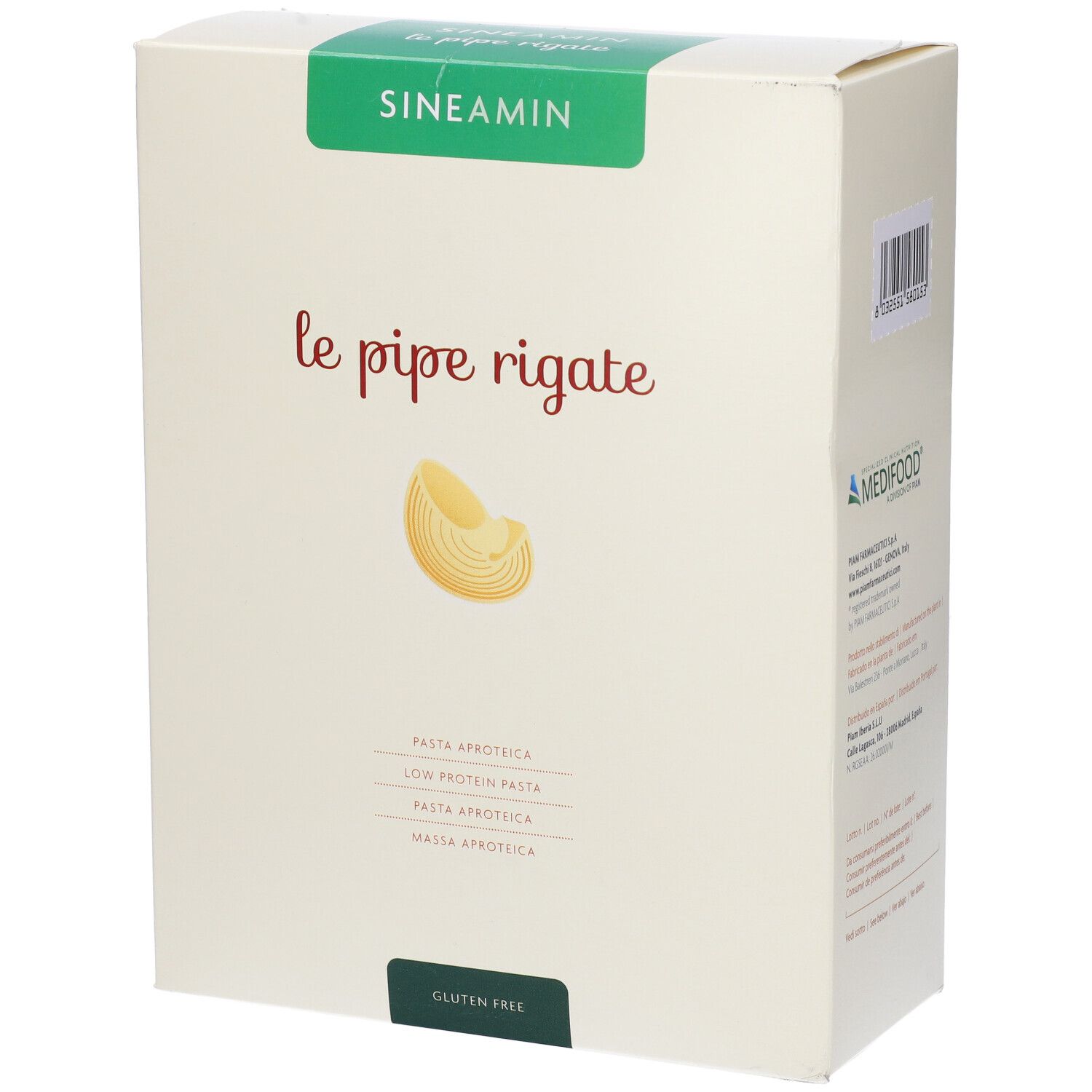 Confezione di Sineamin Pipe Rigate. Scritta: le pipe rigate, pasta aproteica, senza glutine. Confezione verde e crema.