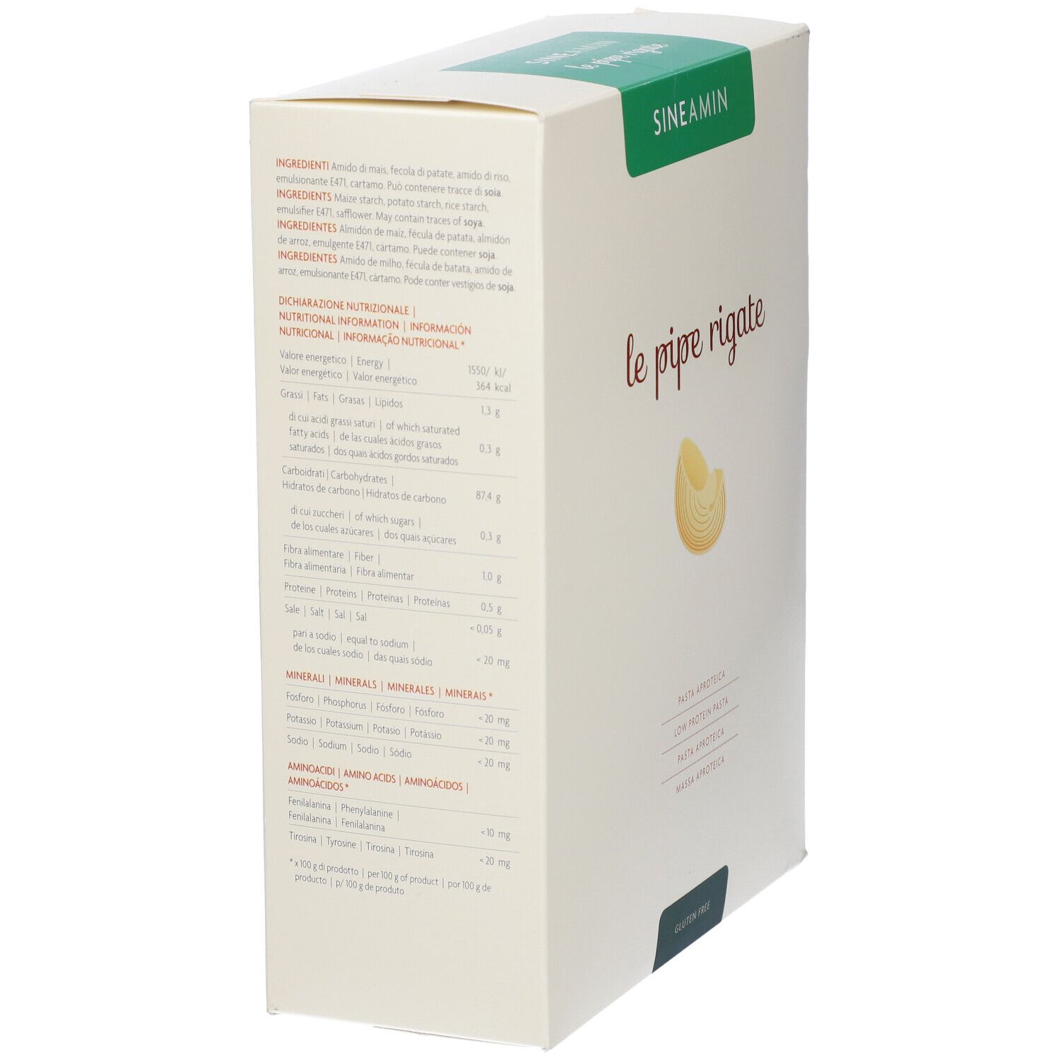 Confezione di Sineamin Pipe Rigate. Scritta: le pipe rigate, pasta aproteica, senza glutine. Confezione verde e crema.