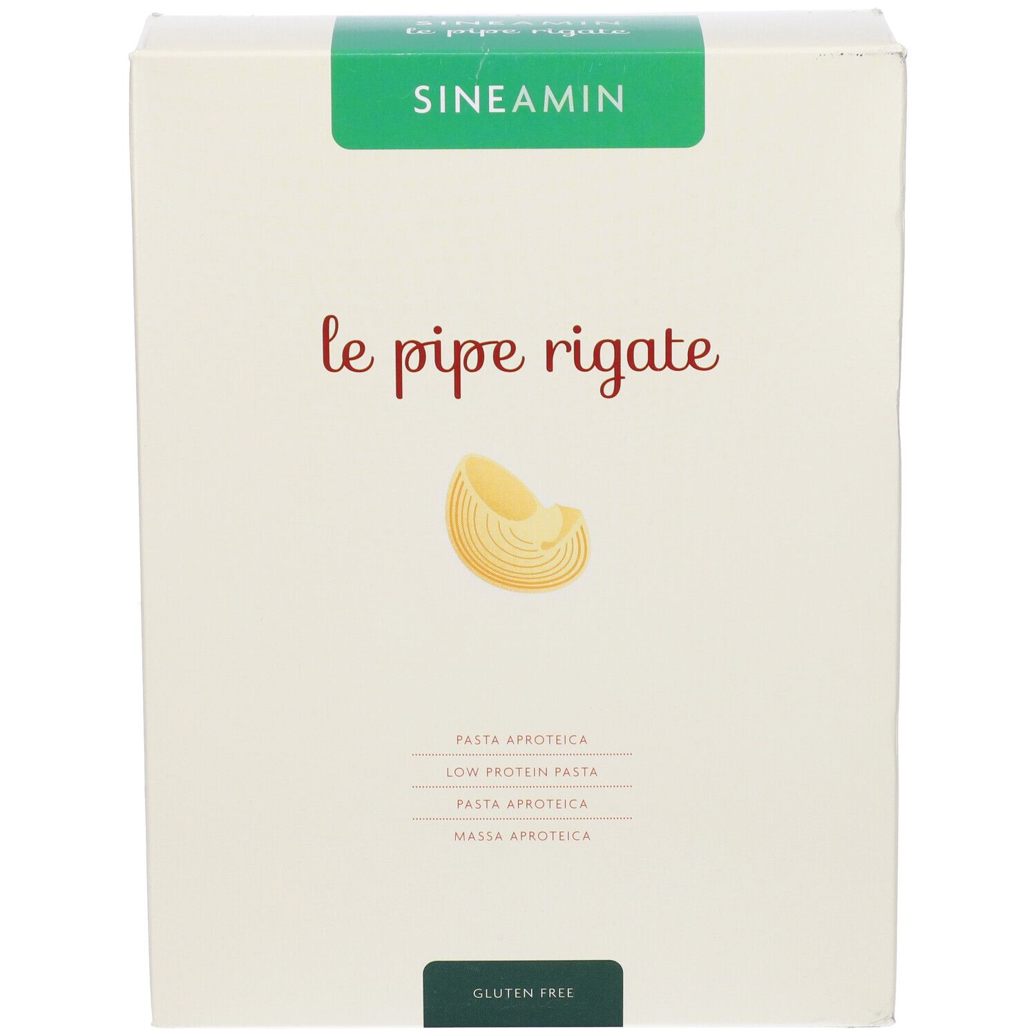Confezione di Sineamin Pipe Rigate. Scritta: le pipe rigate, pasta aproteica, senza glutine. Confezione verde e crema.