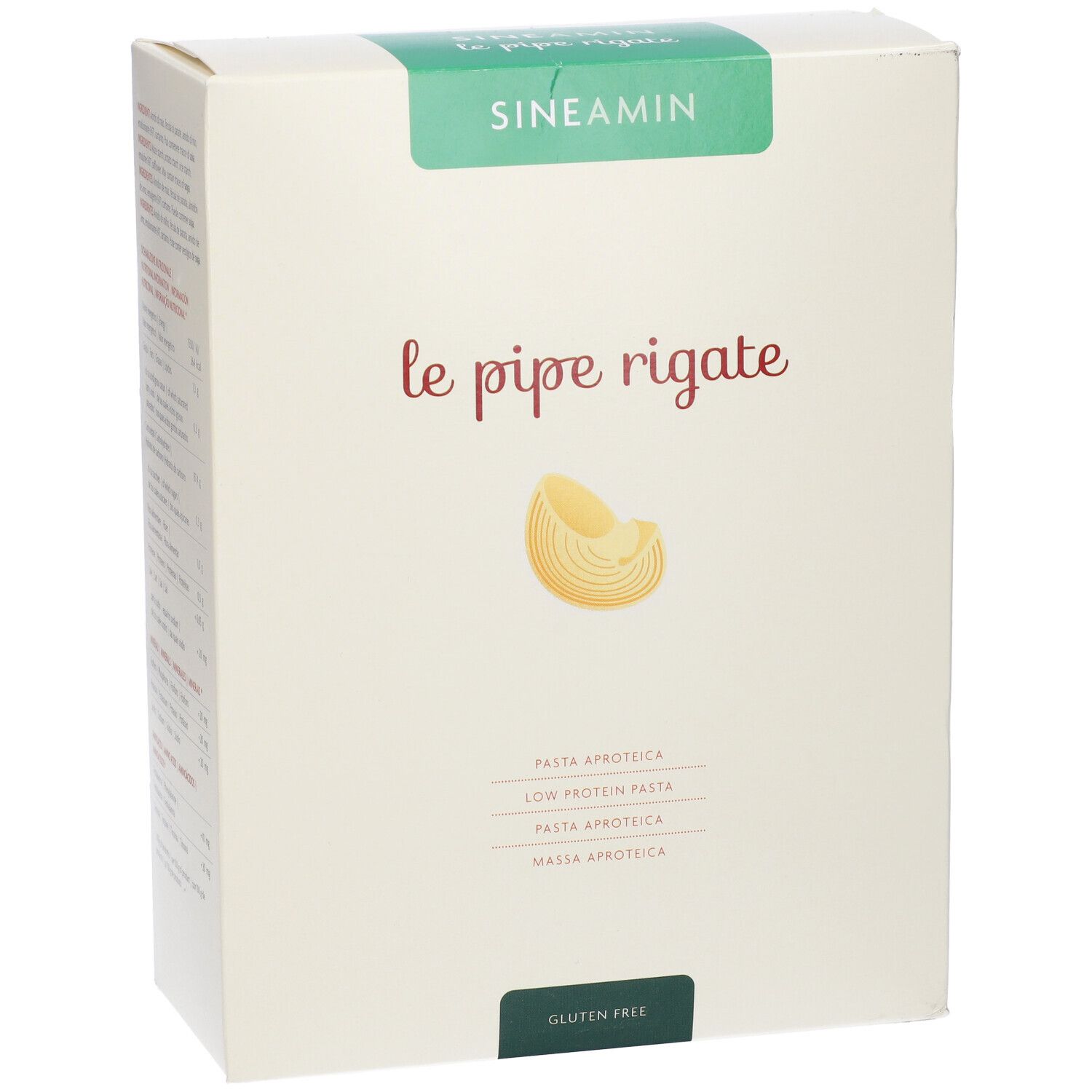 Confezione di Sineamin Pipe Rigate. Scritta: le pipe rigate, pasta aproteica, senza glutine. Confezione verde e crema.