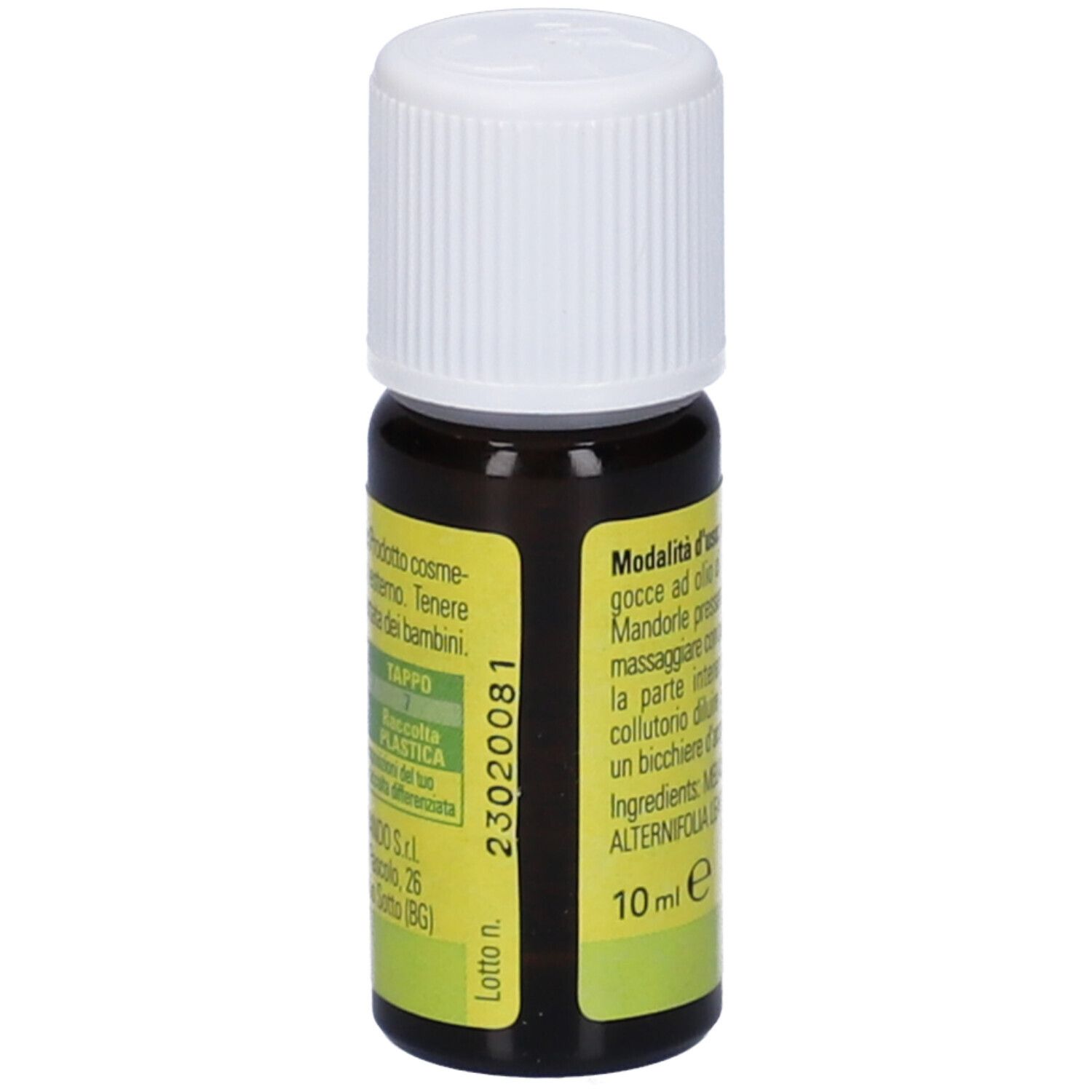 Braune Glasflasche mit weißem Verschluss. Etikett mit Produktinformationen und Chargennummer. 10 ml.