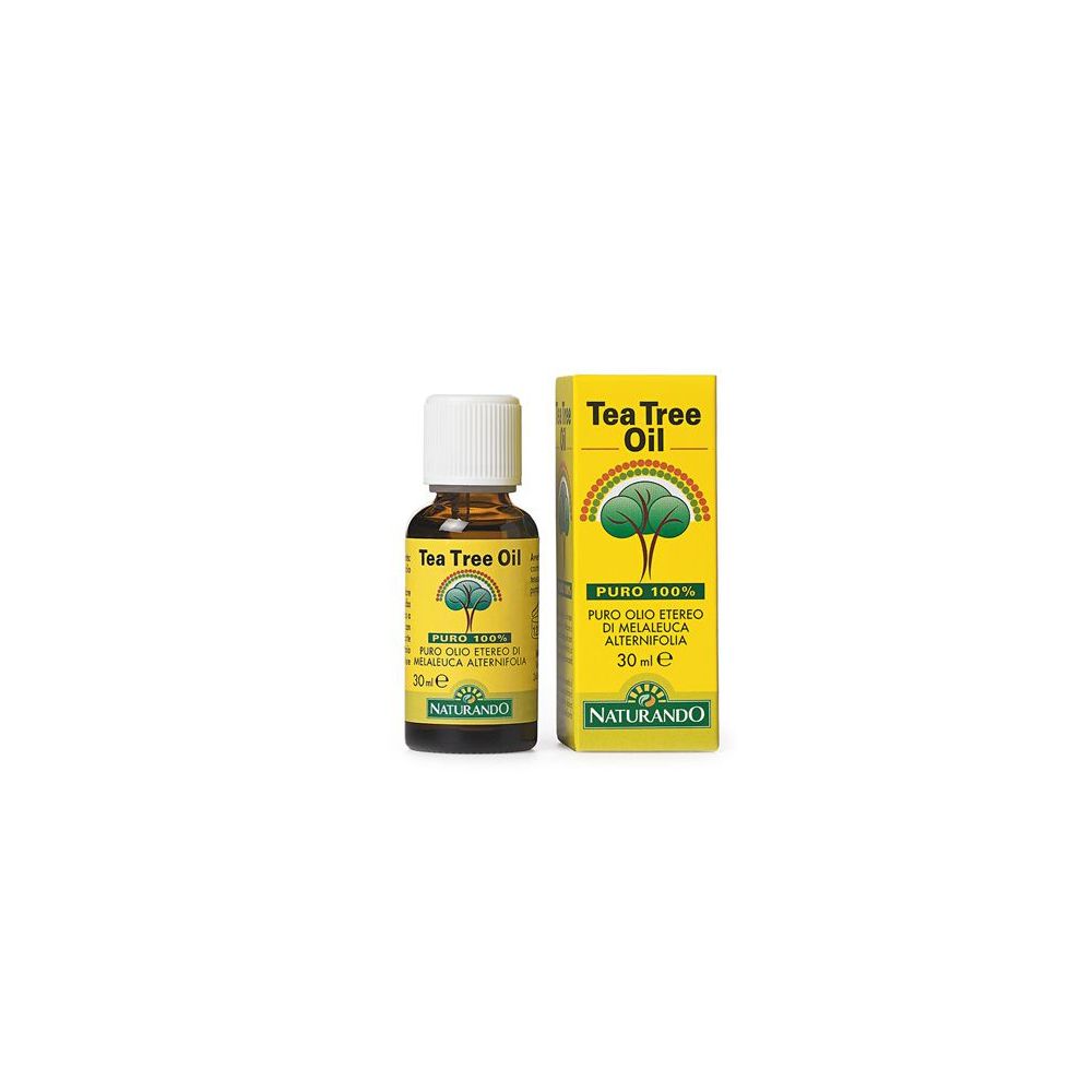 Flacone di vetro marrone con tappo bianco e confezione gialla. Scritta: Tea Tree Oil, Naturando. Sulla confezione: Puro 100%.