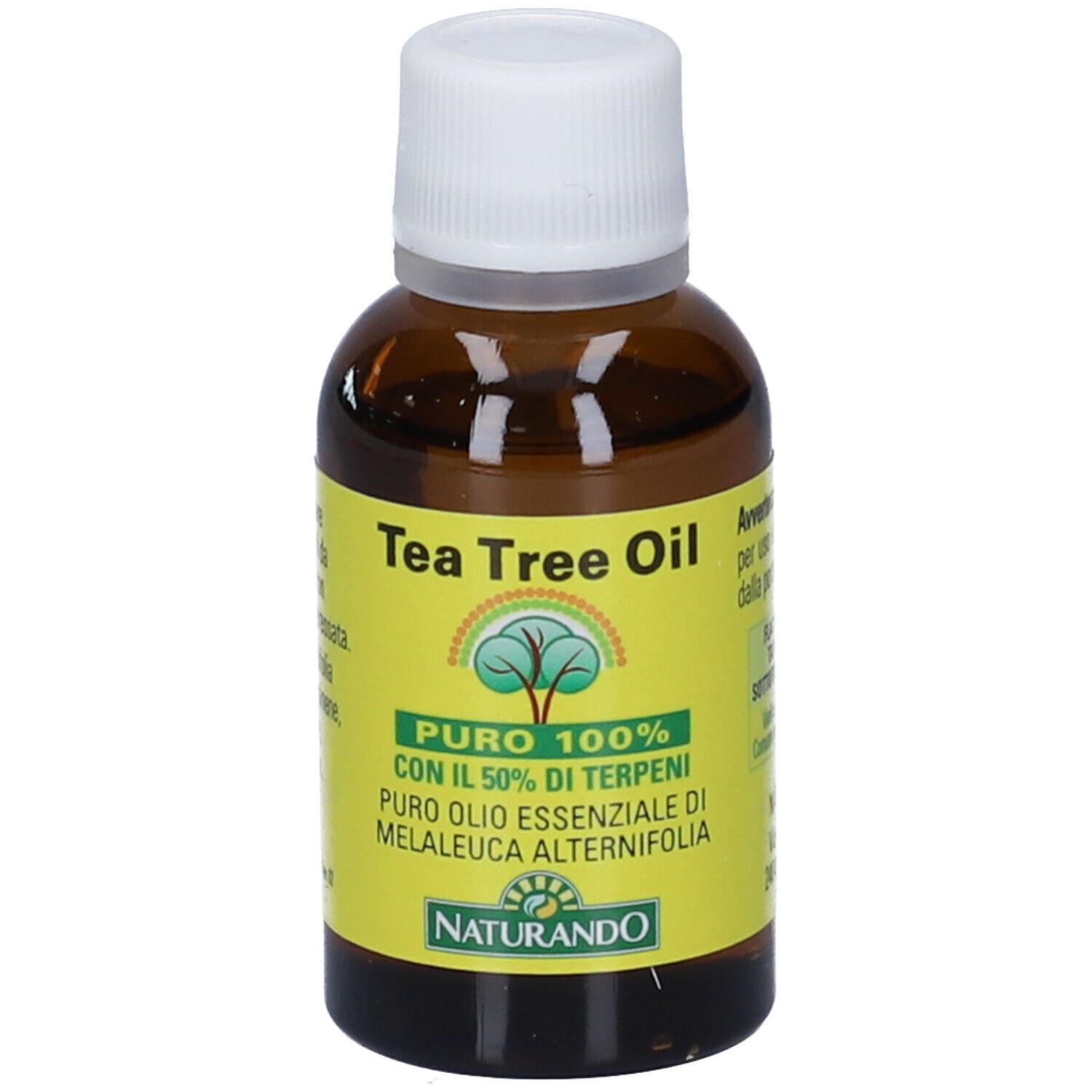 Braune Glasflasche mit weißem Schraubverschluss und gelbem Etikett. Tea Tree Oil.