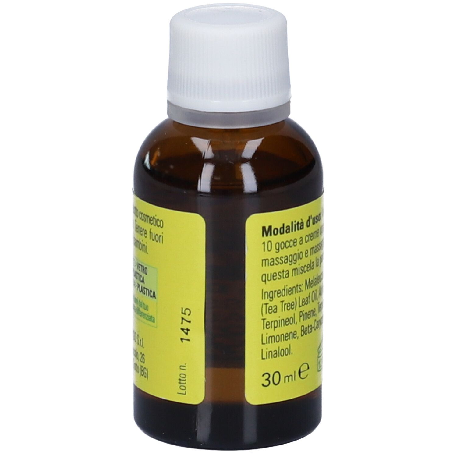 Seite einer Flasche Tea Tree Oil mit Etikett, das Chargennummer und 30 ml angibt.