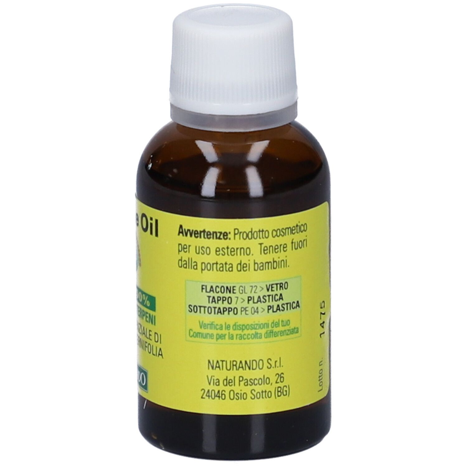 Rückseite einer Flasche Tea Tree Oil mit Warnhinweisen und Informationen zur Entsorgung.