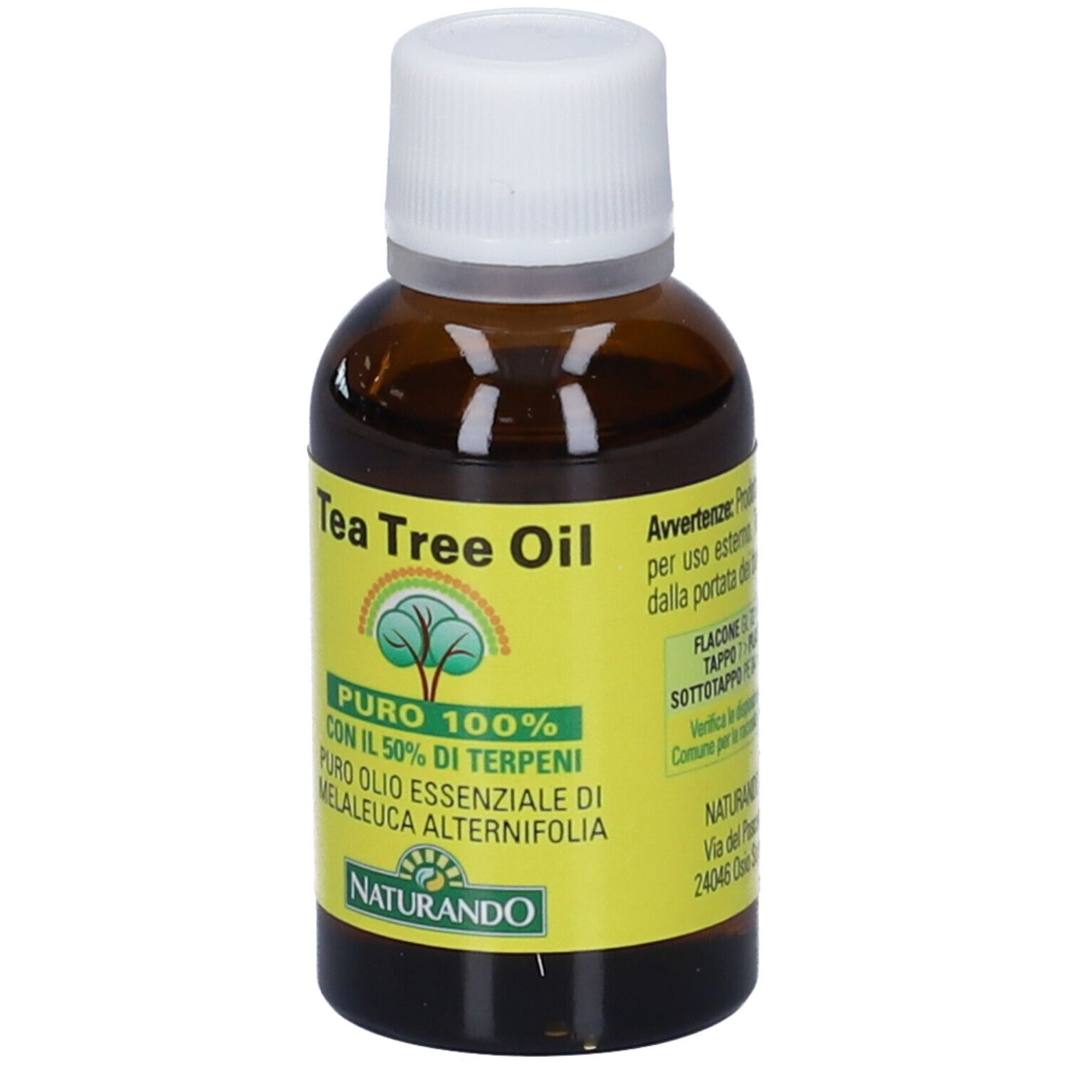 Braune Glasflasche mit weißem Schraubverschluss und gelbem Etikett. Tea Tree Oil.