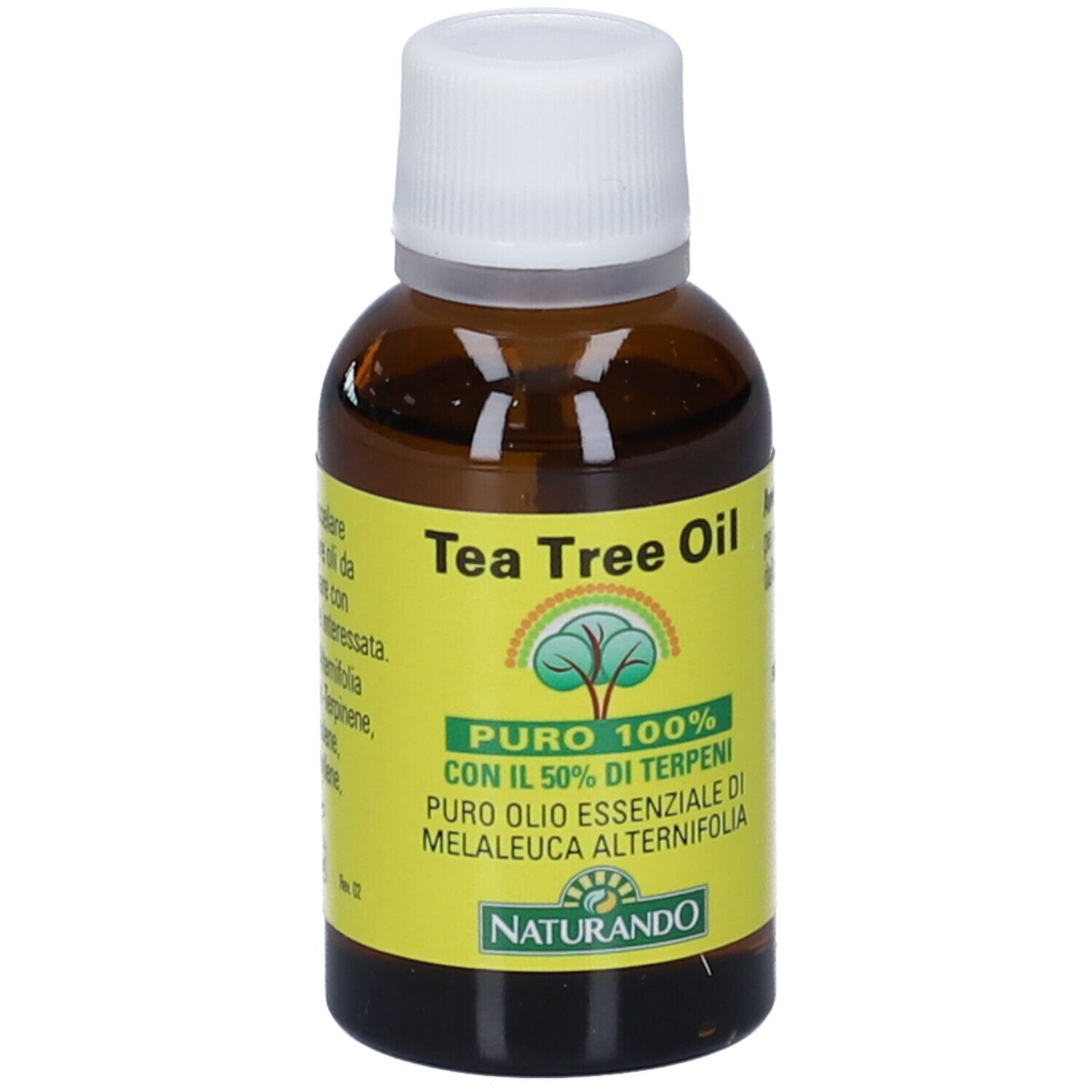 Braune Glasflasche mit weißem Schraubverschluss und gelbem Etikett. Tea Tree Oil.