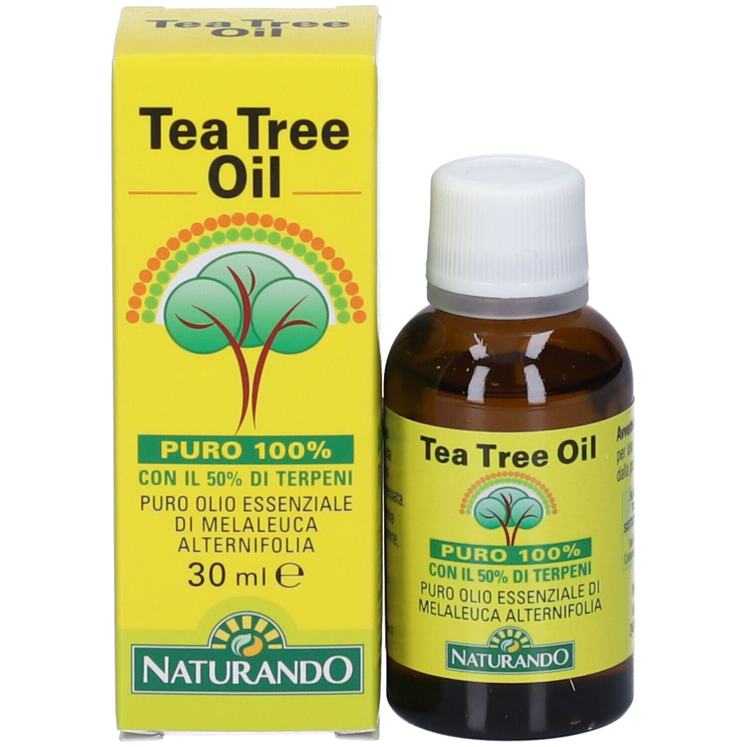 Verpackung und Flasche Tea Tree Oil nebeneinander. Gelbe Kartonverpackung mit Baumgrafik.