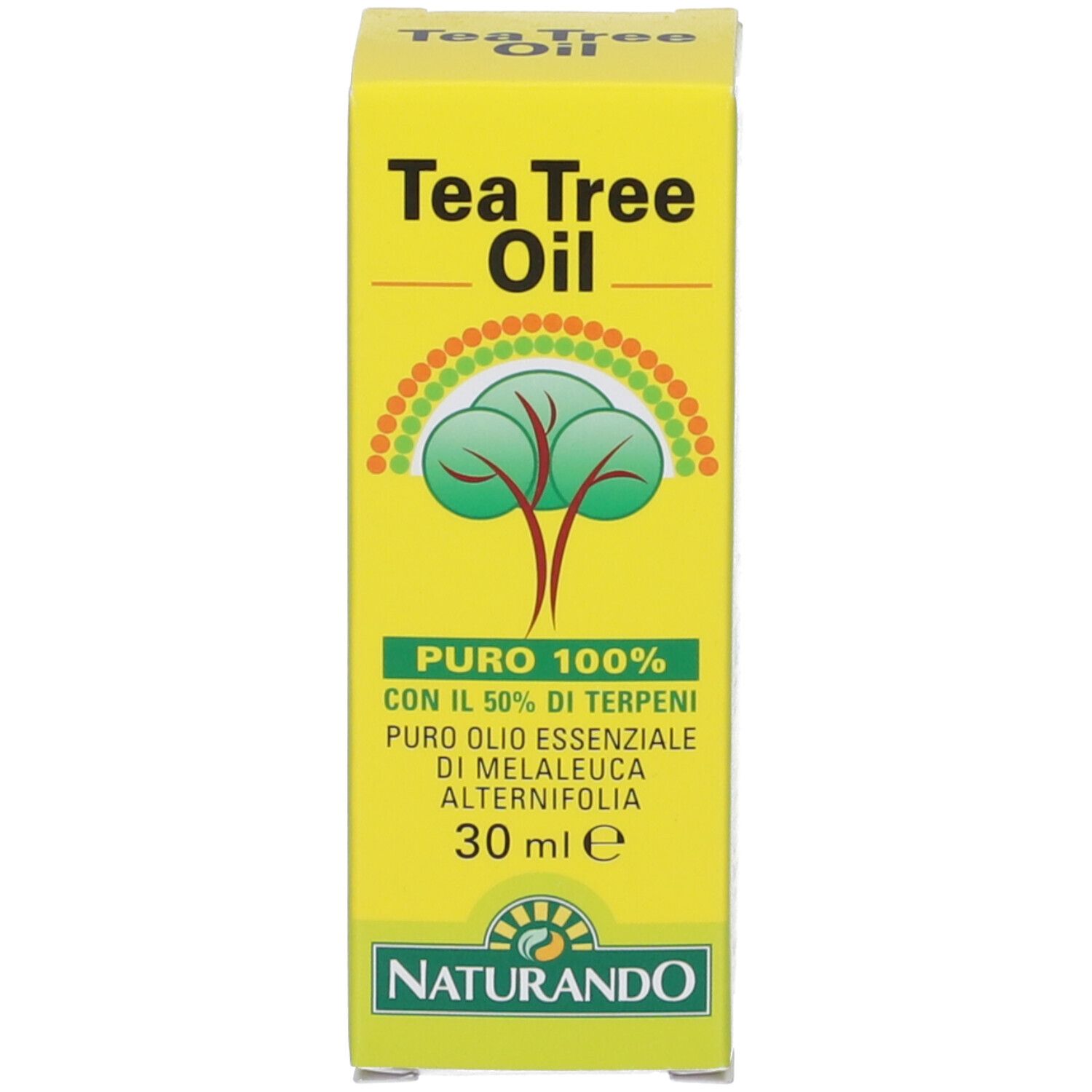 Gelbe Kartonverpackung für Tea Tree Oil mit Baumgrafik und Produktinformationen.