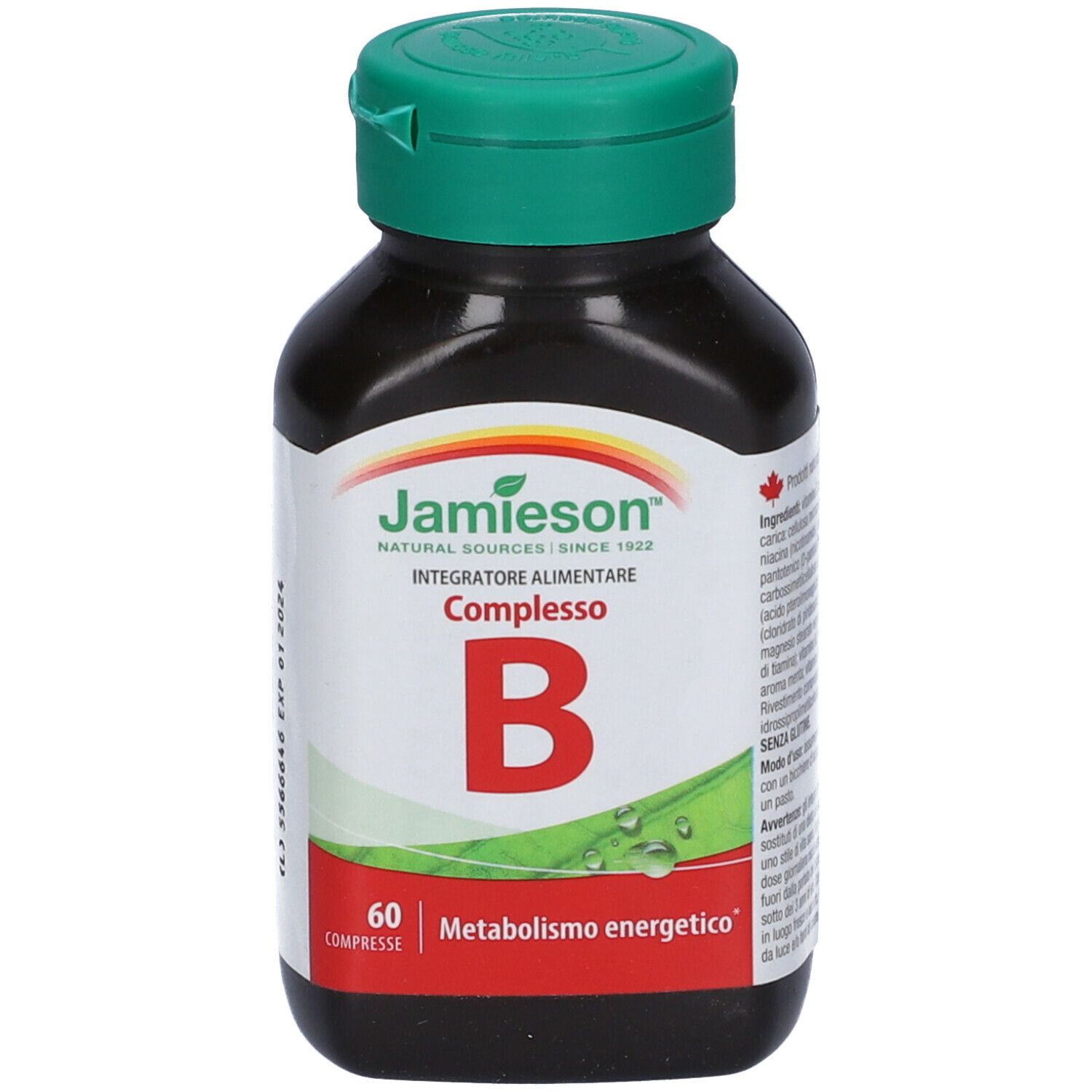 Flacone marrone con tappo verde. Etichetta: "Jamieson Complesso B", "60 Compresse" e logo.