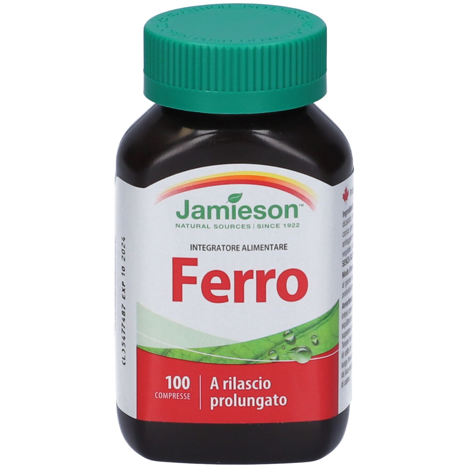 Flacone marrone con tappo verde. Scritta: Jamieson, Ferro, 100 Compresse, A rilascio prolungato. Data di scadenza.