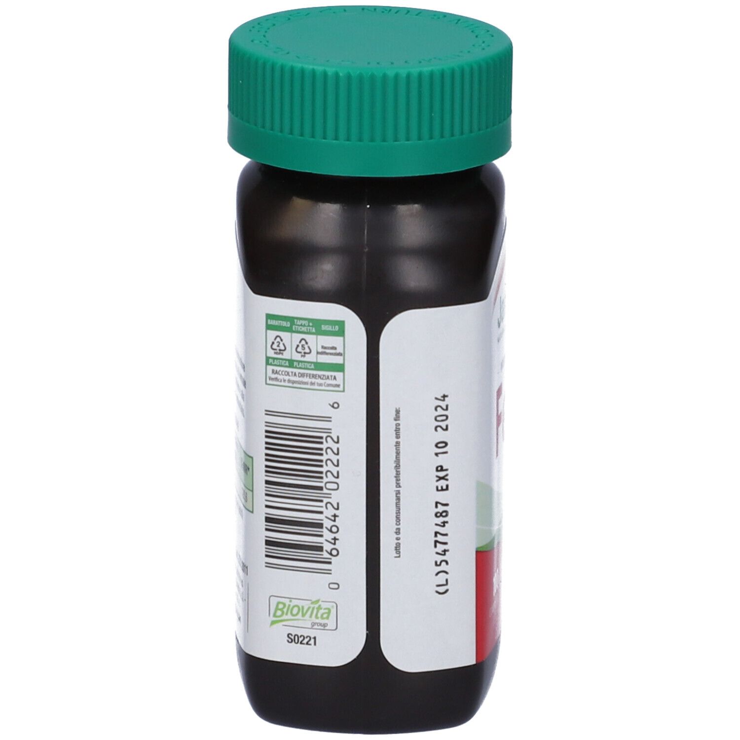 Flacone marrone con tappo verde. Scritta: Jamieson, Ferro, 100 Compresse, A rilascio prolungato. Data di scadenza.