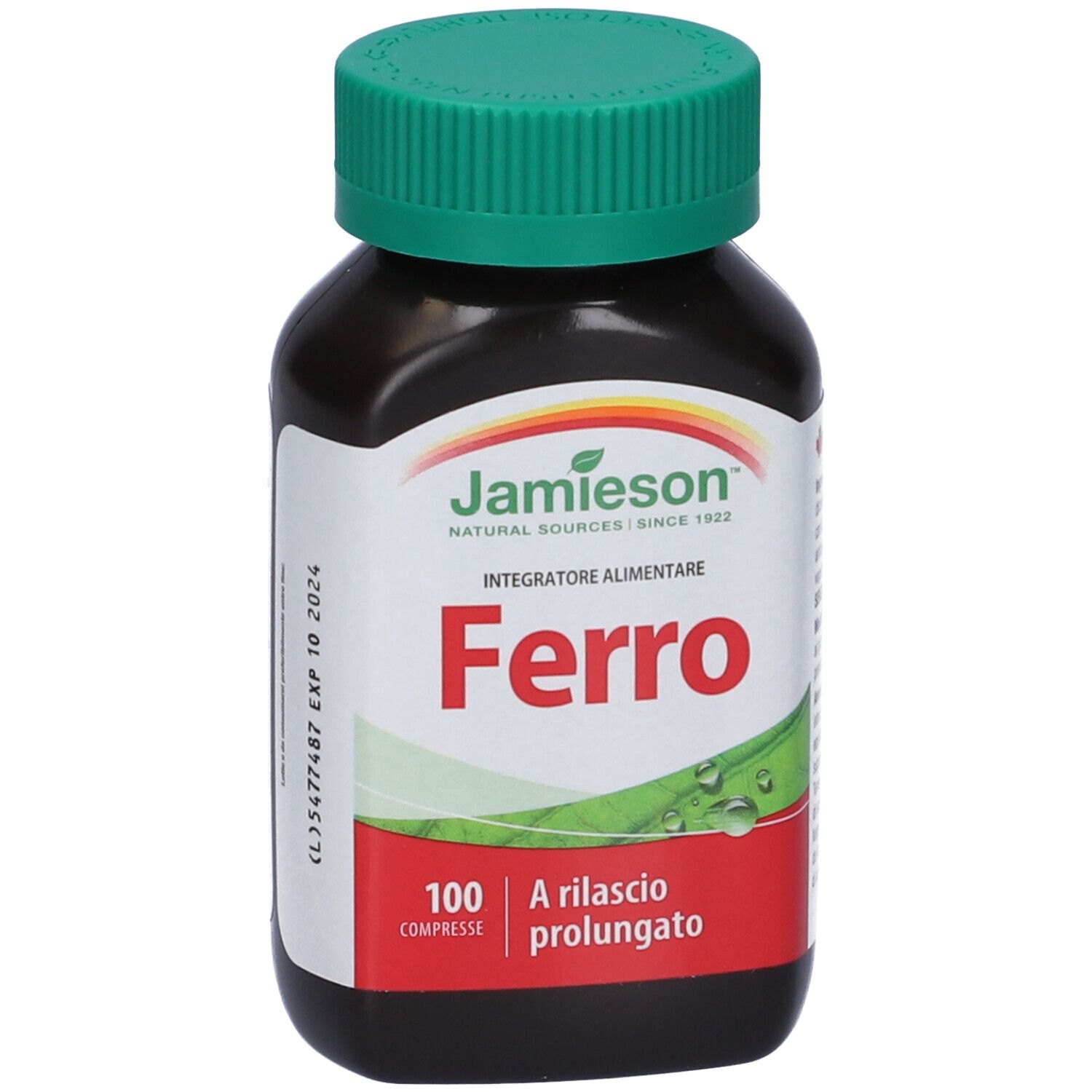 Flacone marrone con tappo verde. Scritta: Jamieson, Ferro, 100 Compresse, A rilascio prolungato. Data di scadenza.