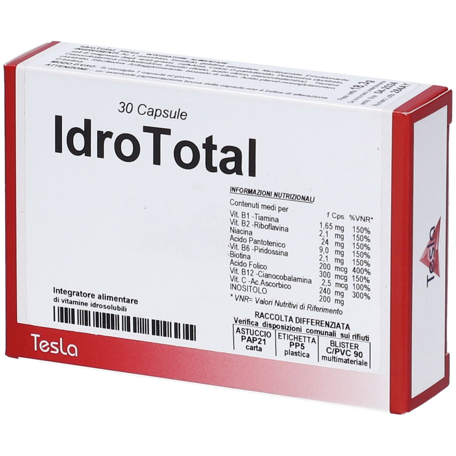 Scatola di IdroTotal 30 capsule. Contiene informazioni nutrizionali e logo Tesla.