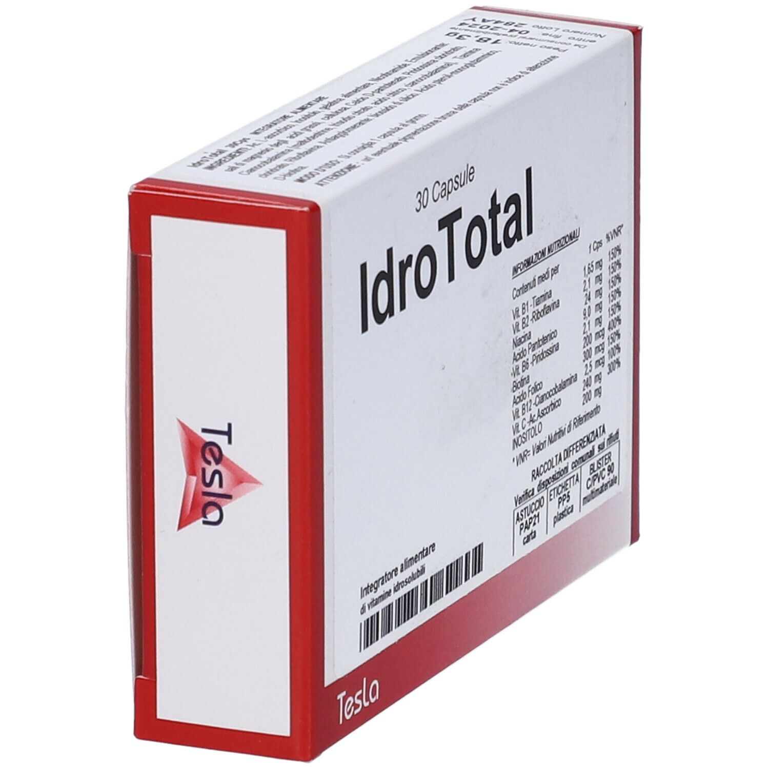 Scatola IdroTotal 30 capsule in prospettiva. Logo Tesla e informazioni nutrizionali.