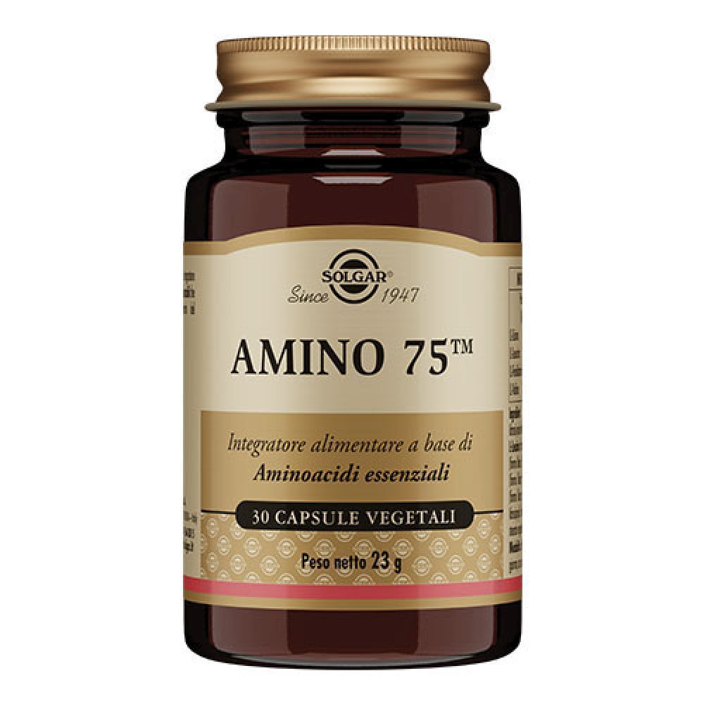 Flacone di vetro marrone con tappo dorato. Etichetta "SOLGAR Amino 75". 30 capsule vegetali.