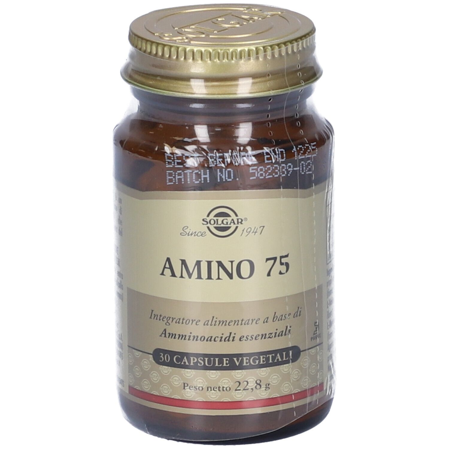 Flacone di vetro marrone con tappo dorato. Etichetta "SOLGAR Amino 75". 30 capsule vegetali.