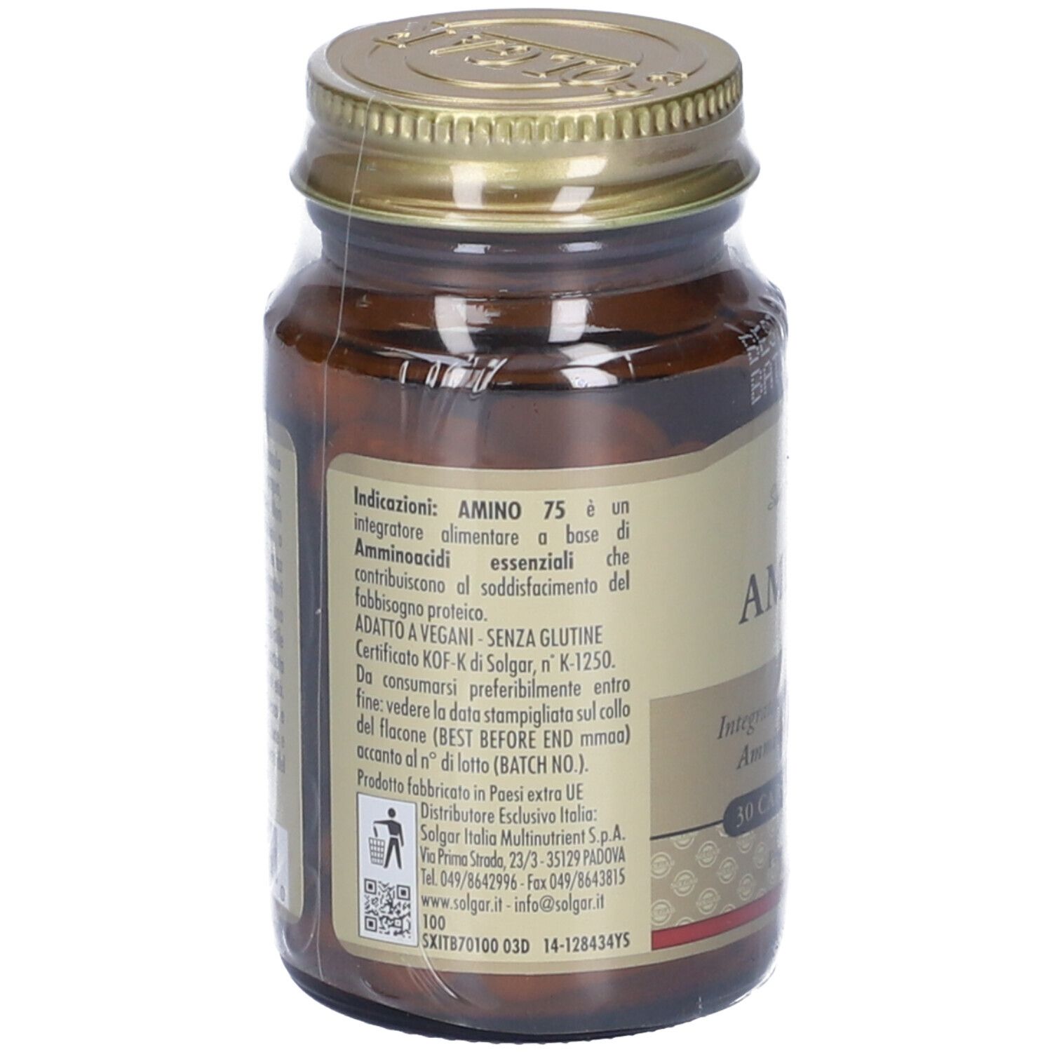 Flacone di vetro marrone con tappo dorato. Etichetta "SOLGAR Amino 75". 30 capsule vegetali.