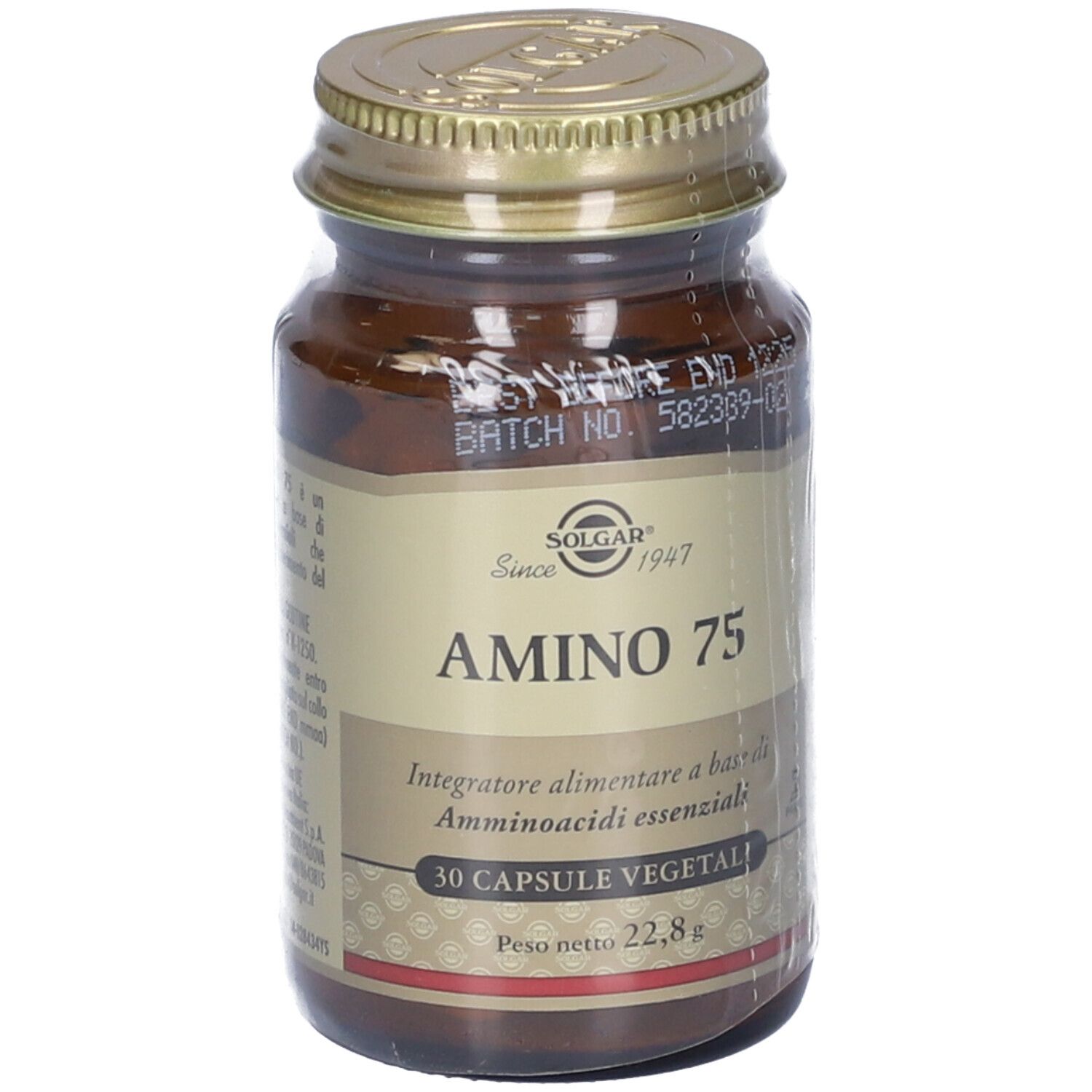 Flacone di vetro marrone con tappo dorato. Etichetta "SOLGAR Amino 75". 30 capsule vegetali.