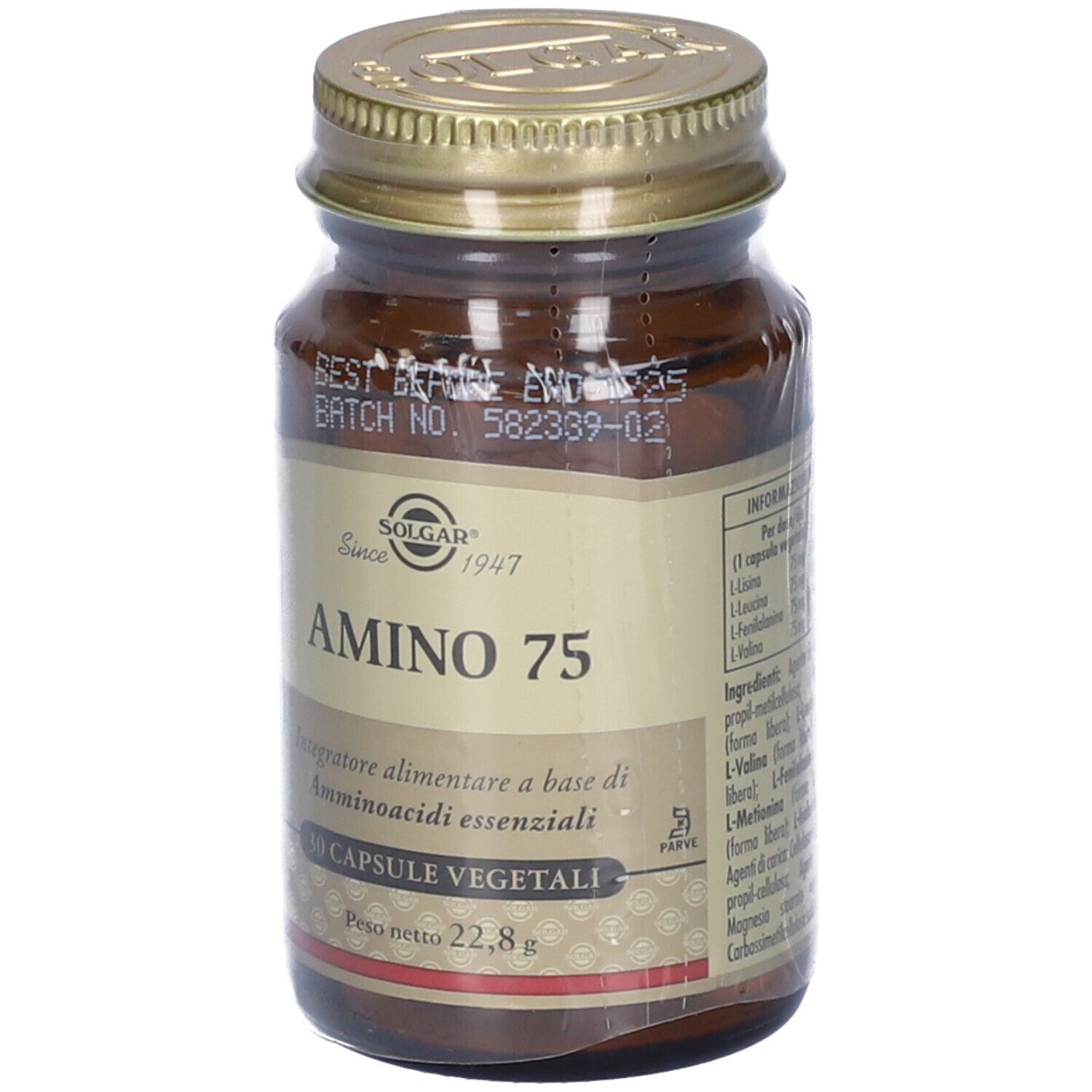 Flacone di vetro marrone con tappo dorato. Etichetta "SOLGAR Amino 75". 30 capsule vegetali.