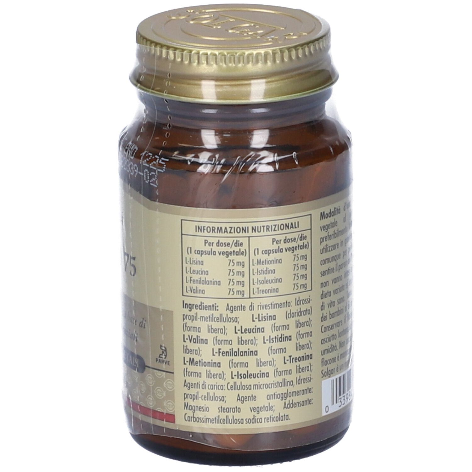 Flacone di vetro marrone con tappo dorato. Etichetta "SOLGAR Amino 75". 30 capsule vegetali.