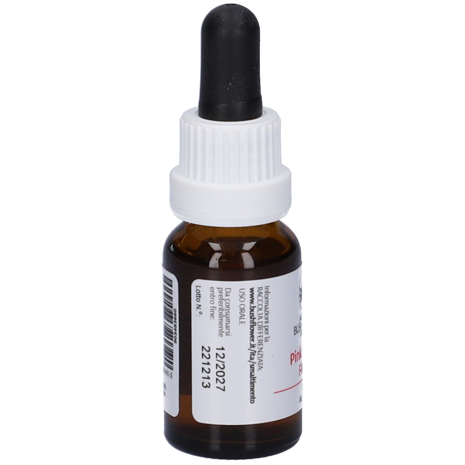 Flacone marrone con tappo bianco e pipetta nera. Etichetta con nome, logo e volume del prodotto.