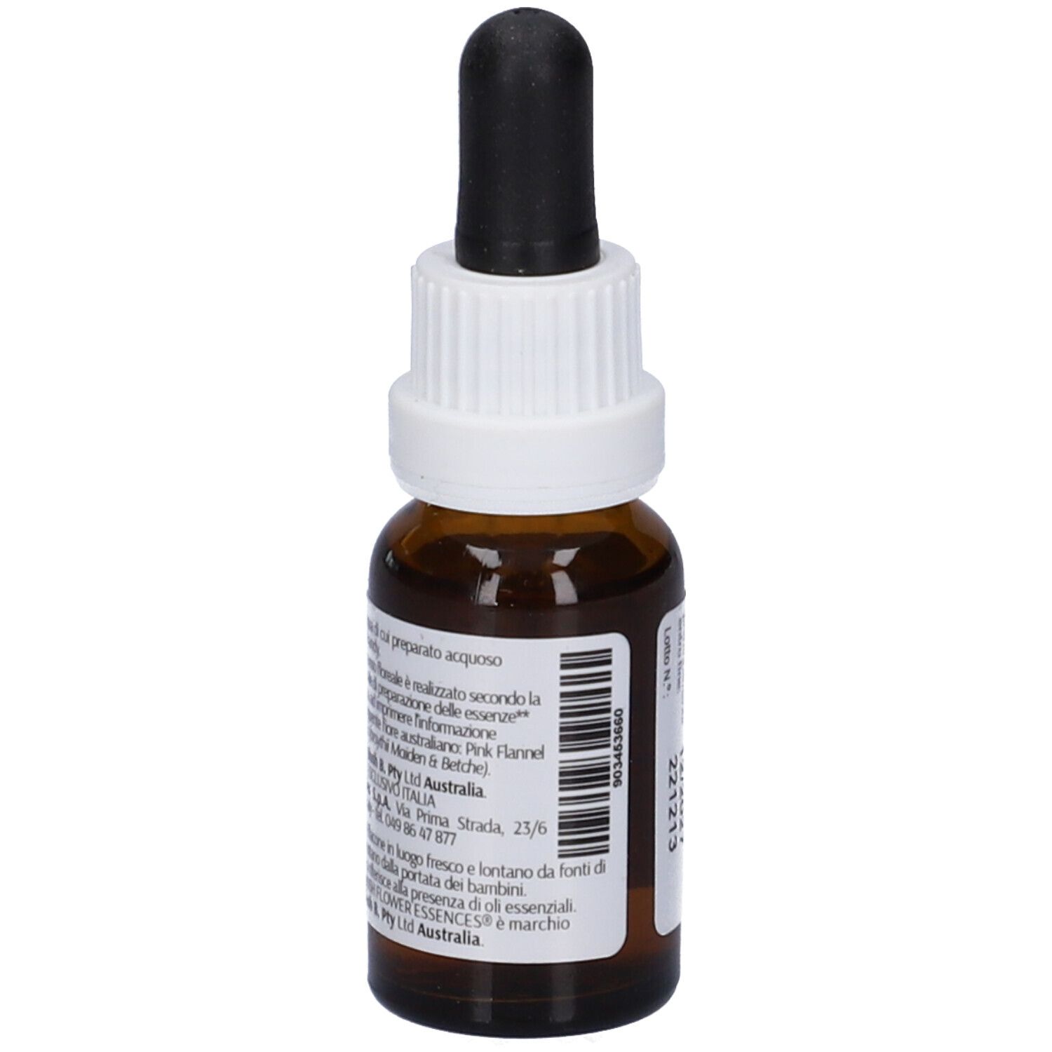Flacone marrone con tappo bianco e pipetta nera. Etichetta con nome, logo e volume del prodotto.