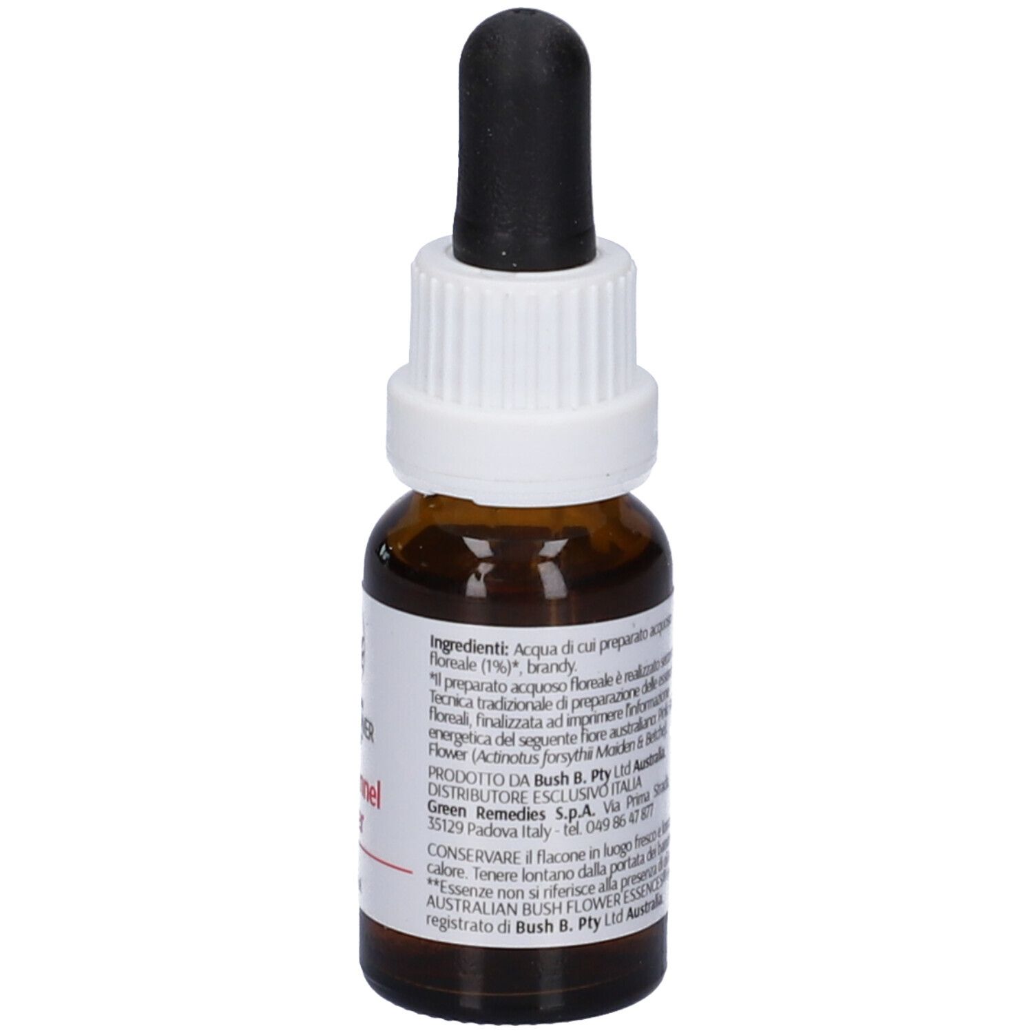 Flacone marrone con tappo bianco e pipetta nera. Etichetta con nome, logo e volume del prodotto.