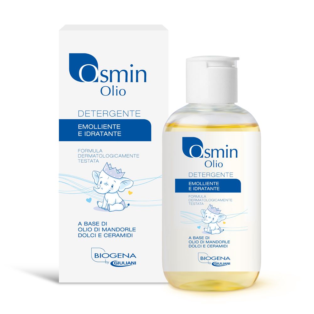 Osmin Olio Reinigungsöl mit Verpackung. Flasche und Karton mit Produktinformationen und Logo.