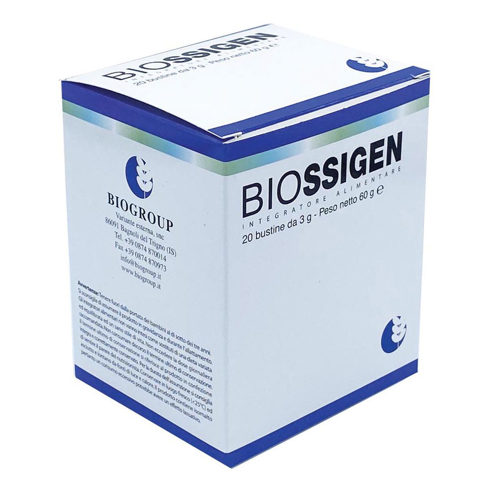 Scatola bianca con coperchio blu. Scritta: BIOSSIGEN, 20 bustine, 3 g, 60 g. Logo: Biogroup.