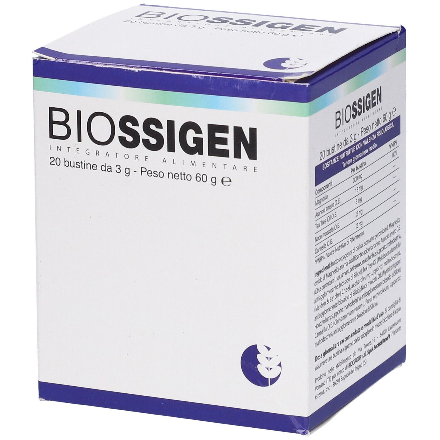 Scatola bianca con coperchio blu. Scritta: BIOSSIGEN, 20 bustine, 3 g, 60 g. Lista ingredienti.