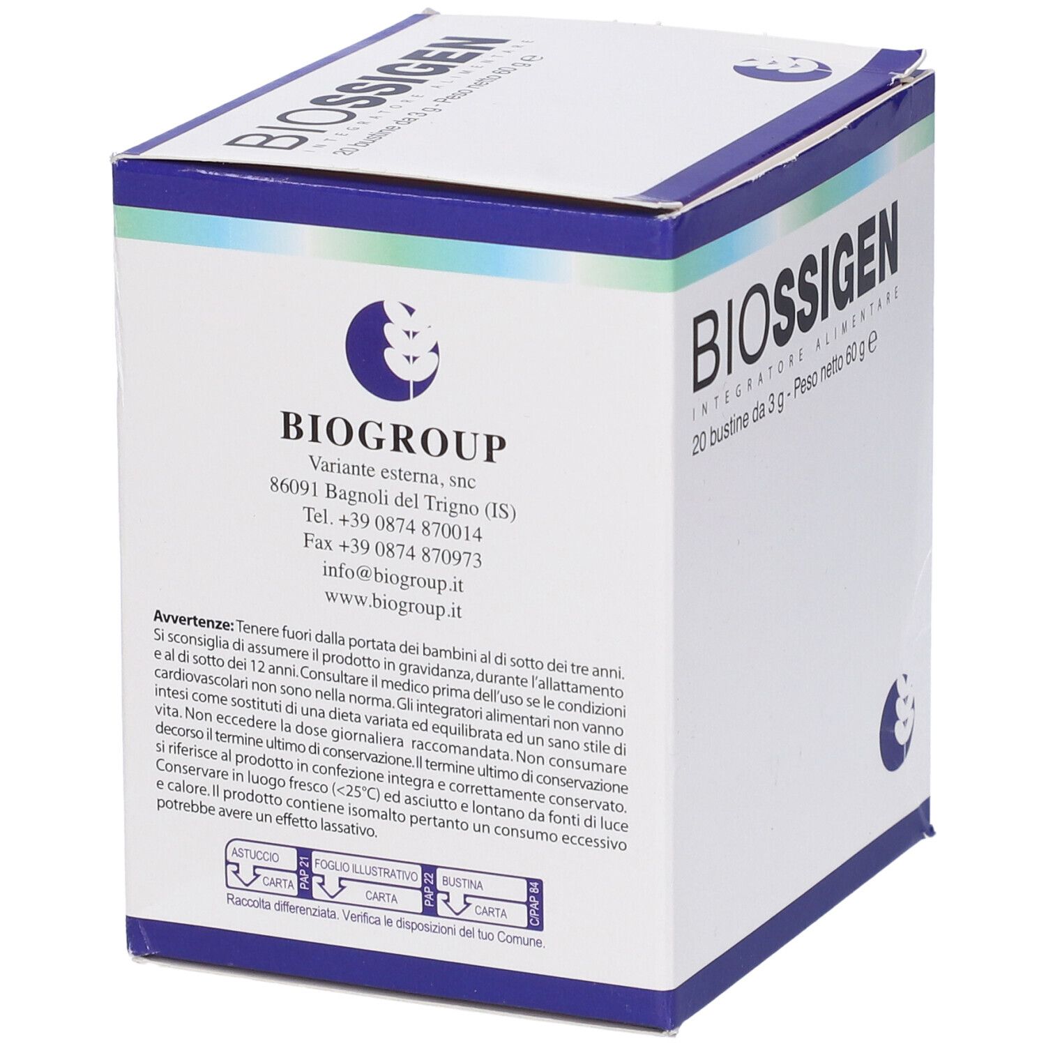 Scatola bianca con coperchio blu. Scritta: BIOSSIGEN, 20 bustine, 3 g, 60 g. Avvertenze e indirizzo produttore.