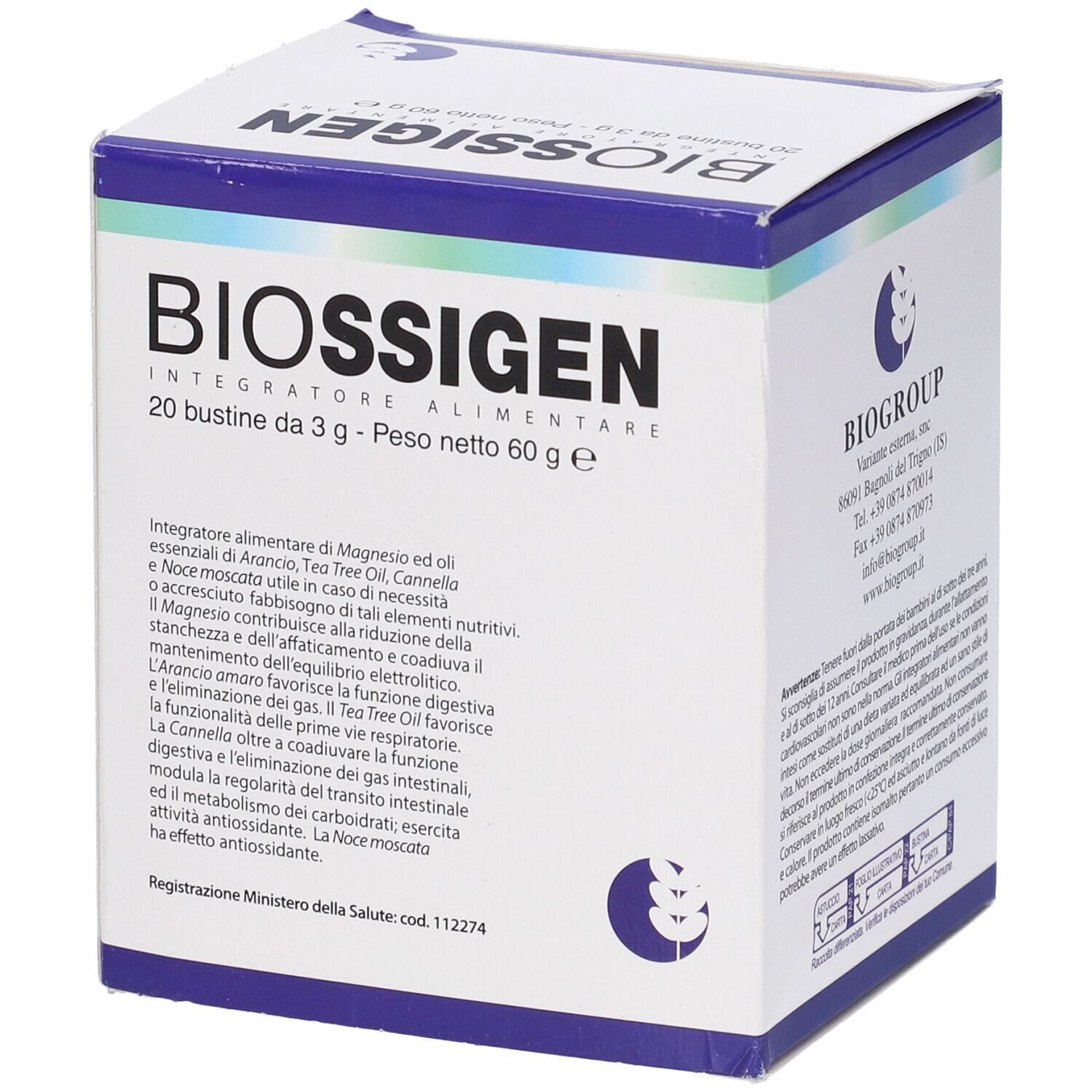 Scatola bianca con coperchio blu. Scritta: BIOSSIGEN, 20 bustine, 3 g, 60 g. Testo su ingredienti e uso.