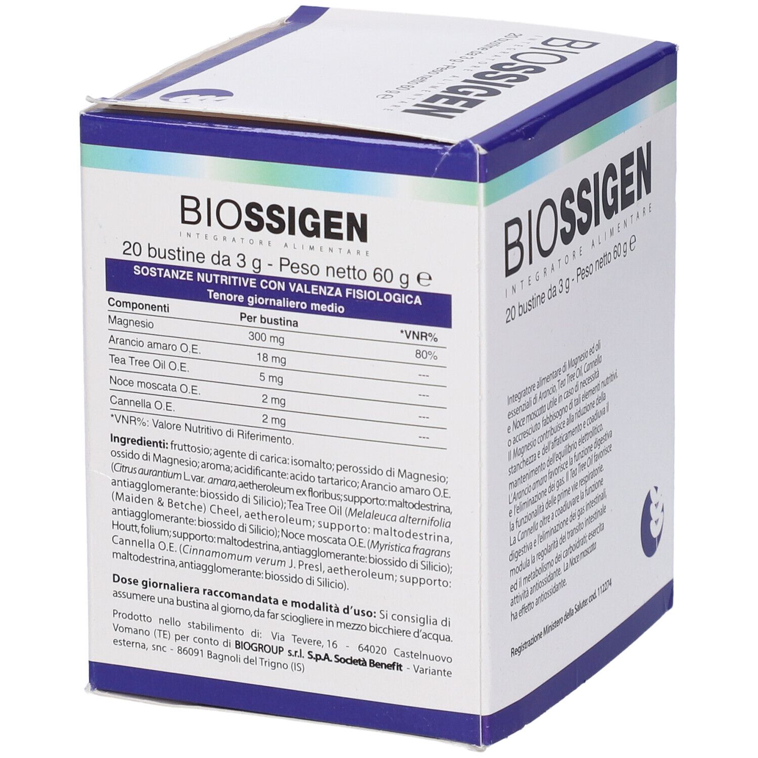 Scatola bianca con coperchio blu. Scritta: BIOSSIGEN, 20 bustine, 3 g, 60 g. Ingredienti e valori nutrizionali.