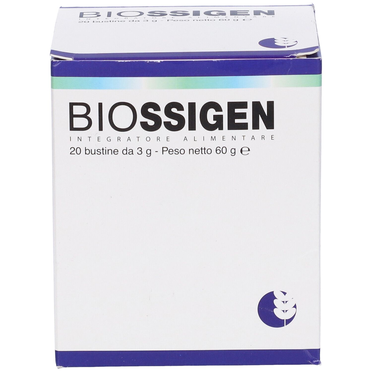 Scatola bianca con coperchio blu. Scritta: BIOSSIGEN, 20 bustine, 3 g, 60 g. Logo: Biogroup.