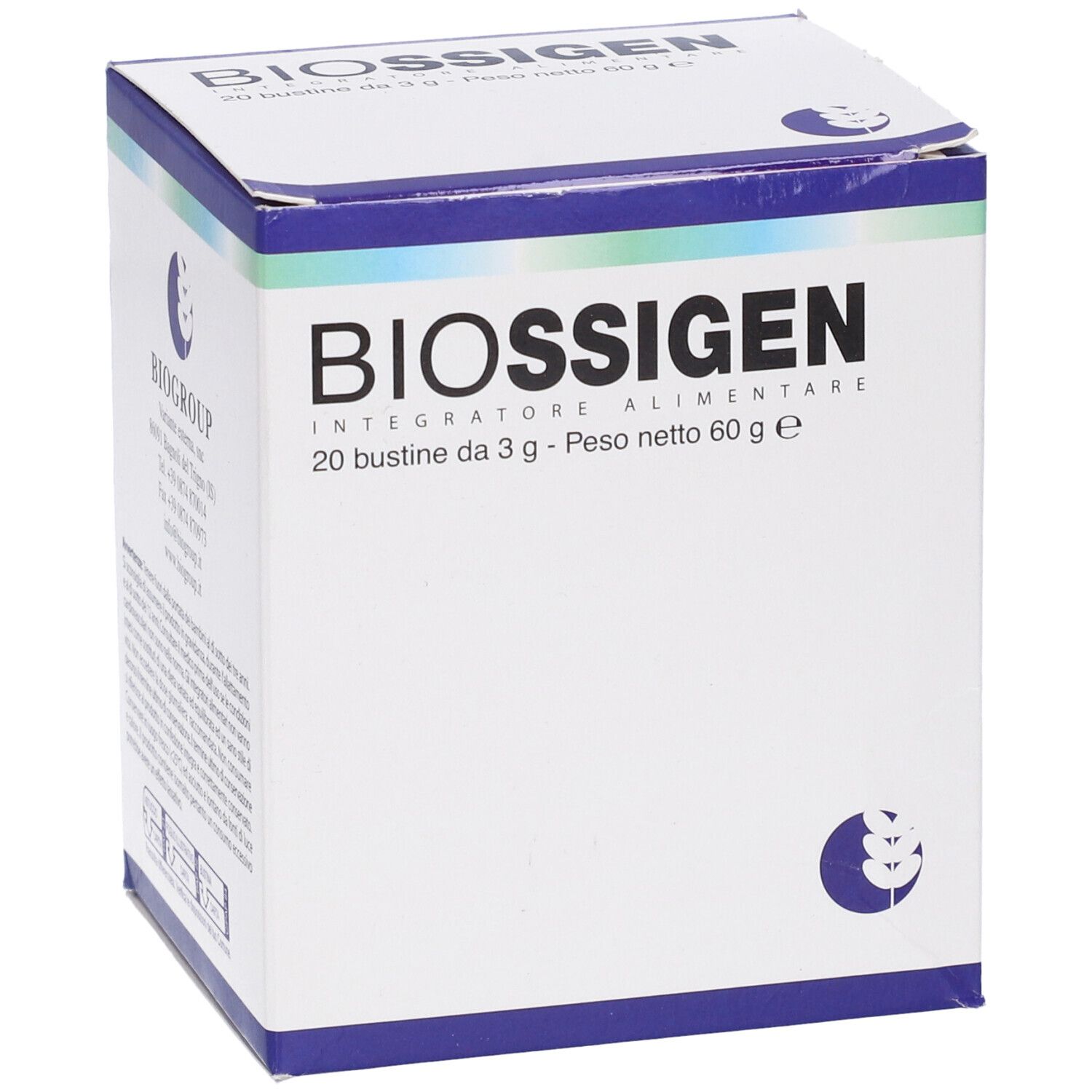 Scatola bianca con coperchio blu. Scritta: BIOSSIGEN, 20 bustine, 3 g, 60 g. Logo: Biogroup.