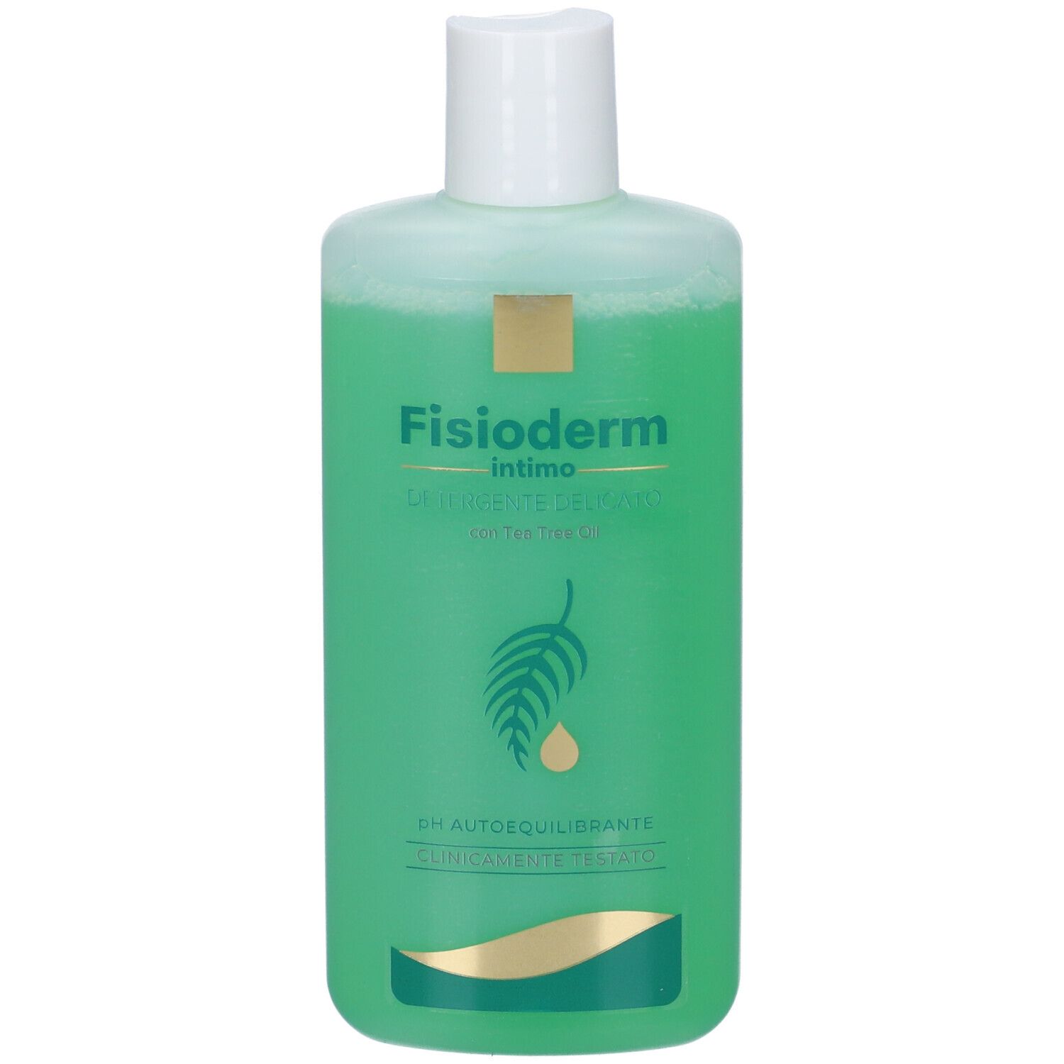 Flacone verde con tappo bianco. Scritta Fisioderm intimo. Contiene liquido. Accenti dorati e simbolo foglia-goccia.
