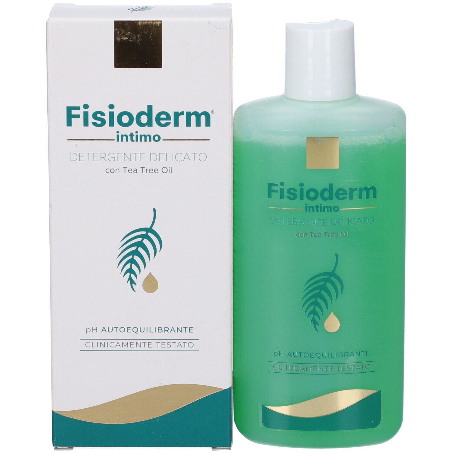 Confezione e flacone. Confezione: bianca con scritta Fisioderm intimo. Flacone: verde, tappo bianco. Simbolo foglia-goccia.
