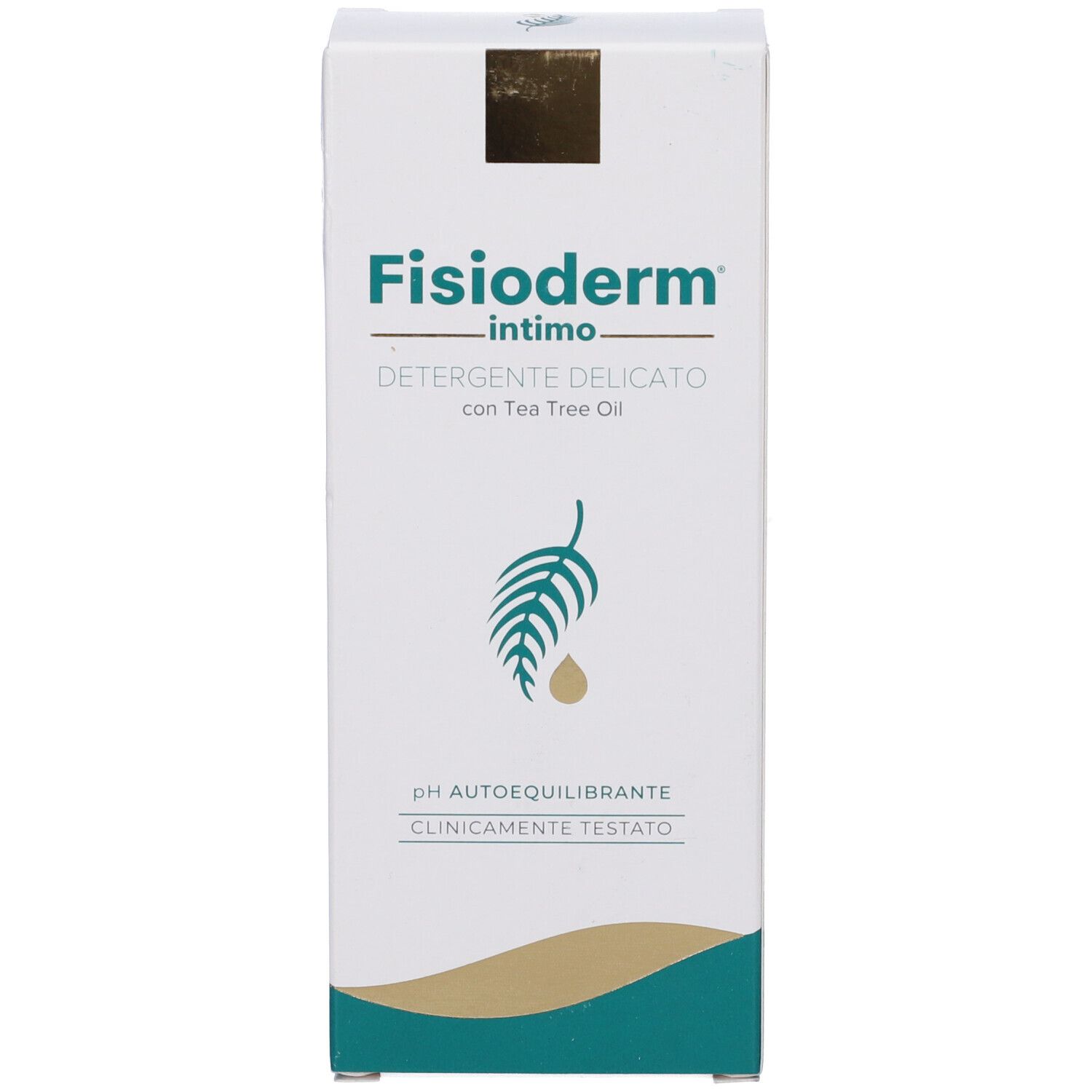 Confezione bianca con scritta Fisioderm intimo. Simbolo foglia-goccia. Accenti dorati. Testo in italiano.