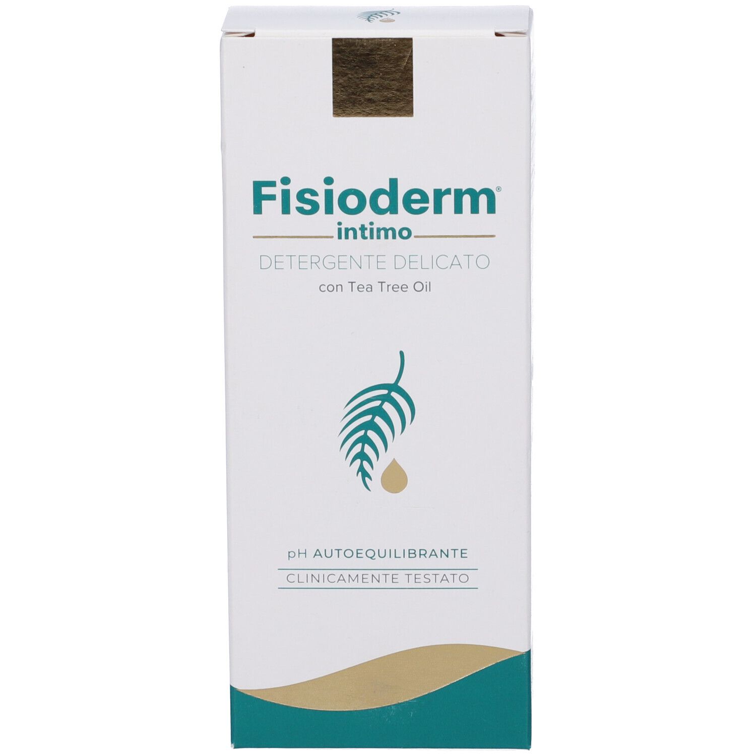 Confezione bianca con scritta Fisioderm intimo. Simbolo foglia-goccia. Accenti dorati. Testo in italiano.