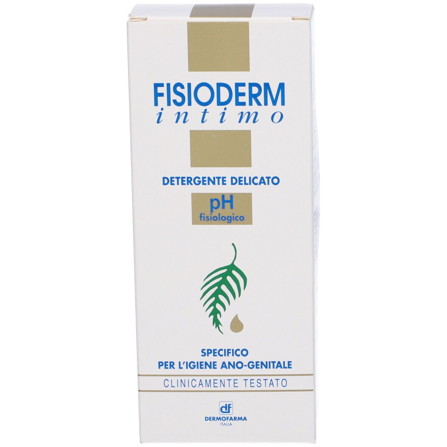 Confezione del prodotto. Scritta Fisioderm intimo. Simbolo pH. Testo in italiano. Logo Dermofarma.