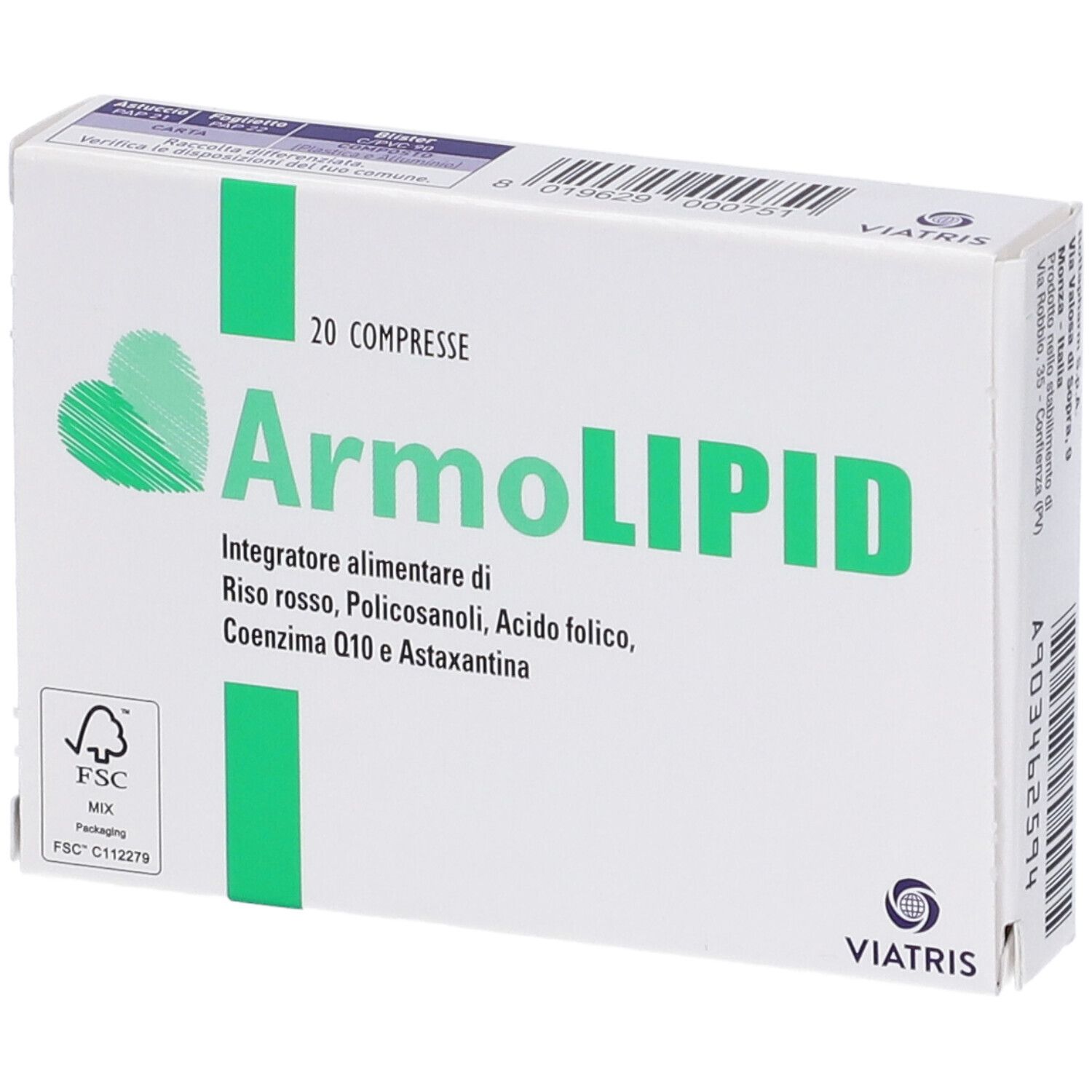 Schachtel mit ArmoLIPID Tabletten. 20 Tabletten. Inhaltsstoffe: Roter Reis, Policosanole, Folsäure, Coenzym Q10 und Astaxanthin.