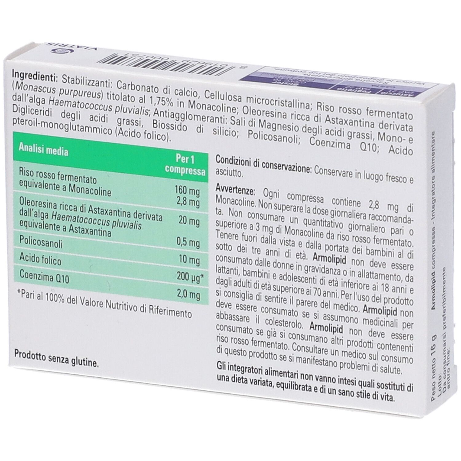 Rückseite der ArmoLIPID Tabletten-Verpackung. Inhaltsstoffe, Nährwertangaben und Warnhinweise sind angegeben.