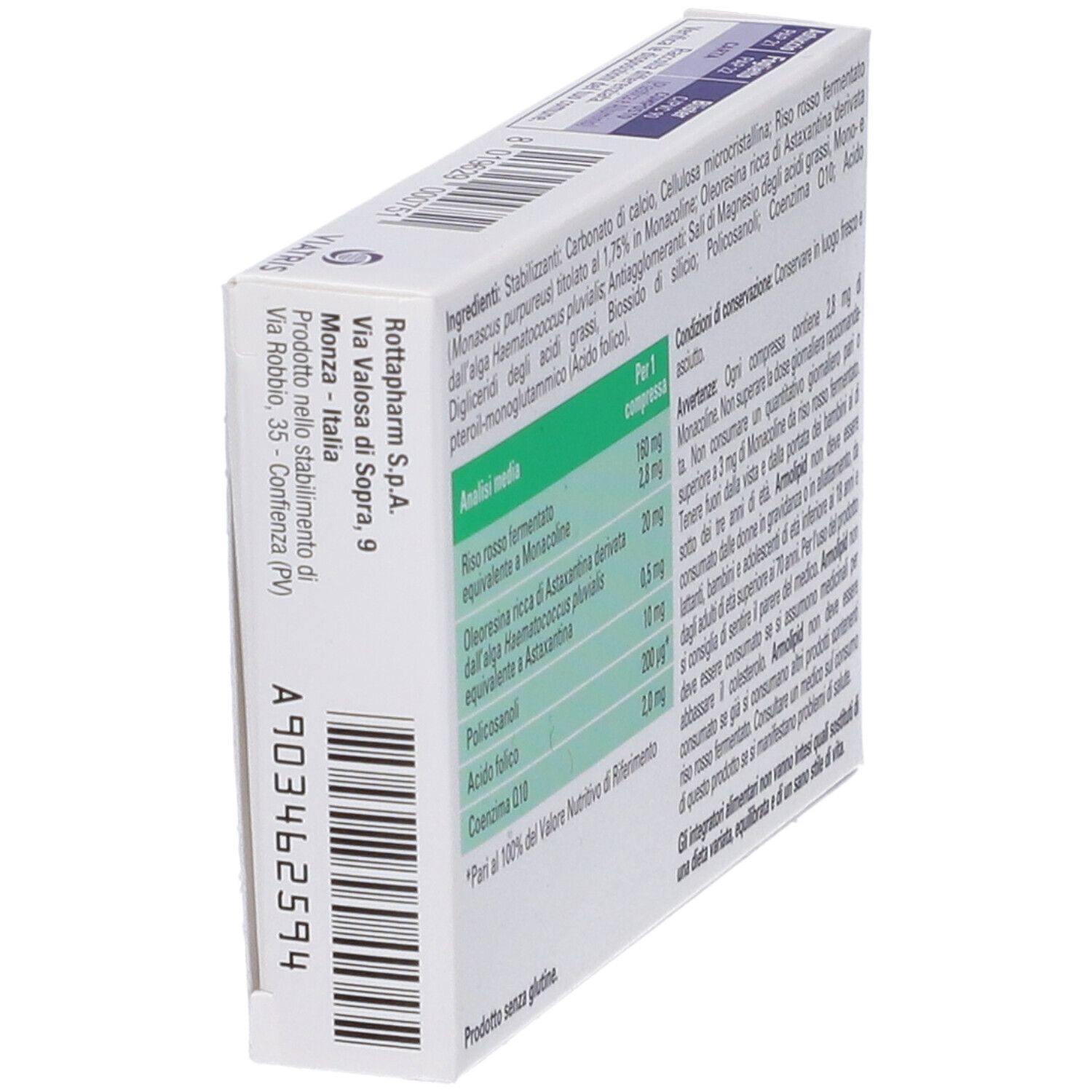 Rückseite der ArmoLIPID Tabletten-Verpackung. Herstellerinformationen und Barcode.