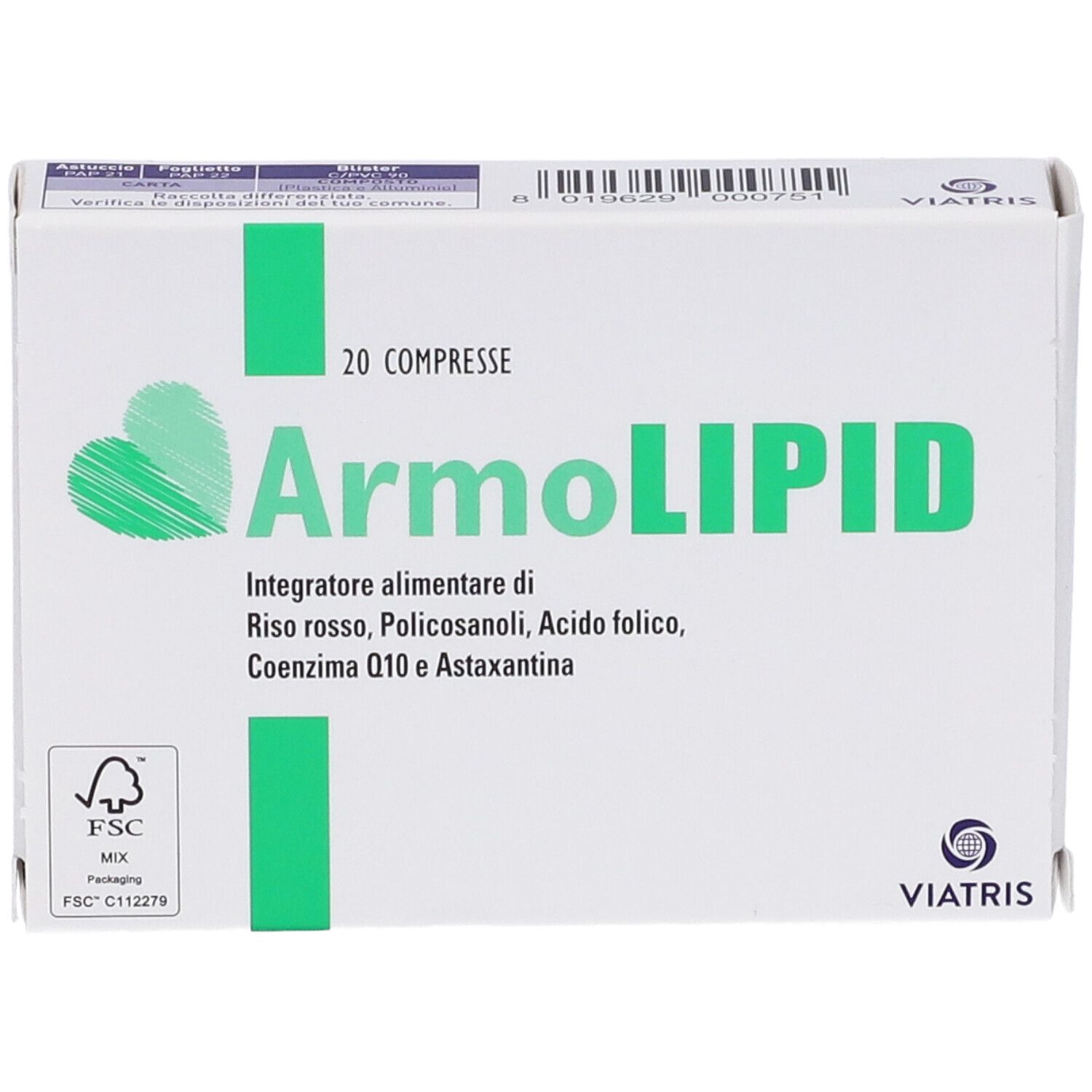 Schachtel mit ArmoLIPID Tabletten. 20 Tabletten. Inhaltsstoffe: Roter Reis, Policosanole, Folsäure, Coenzym Q10 und Astaxanthin.